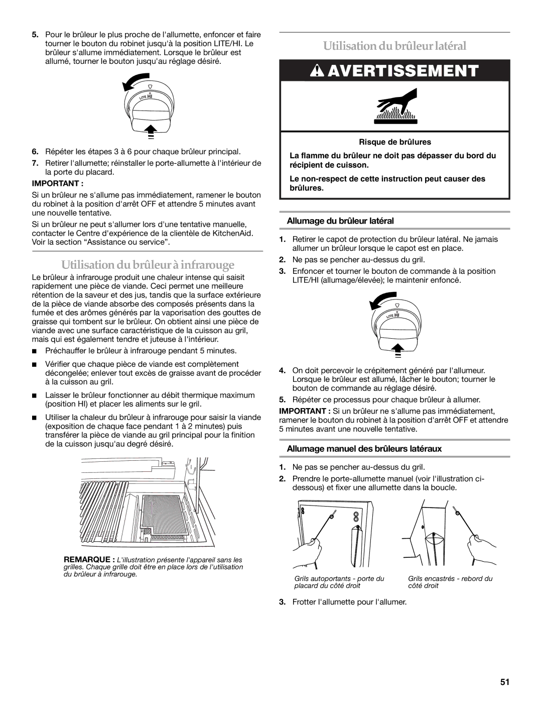 KitchenAid KFRS365T Utilisation dubrûleur à infrarouge, Utilisation du brûleur latéral, Allumage du brûleur latéral 