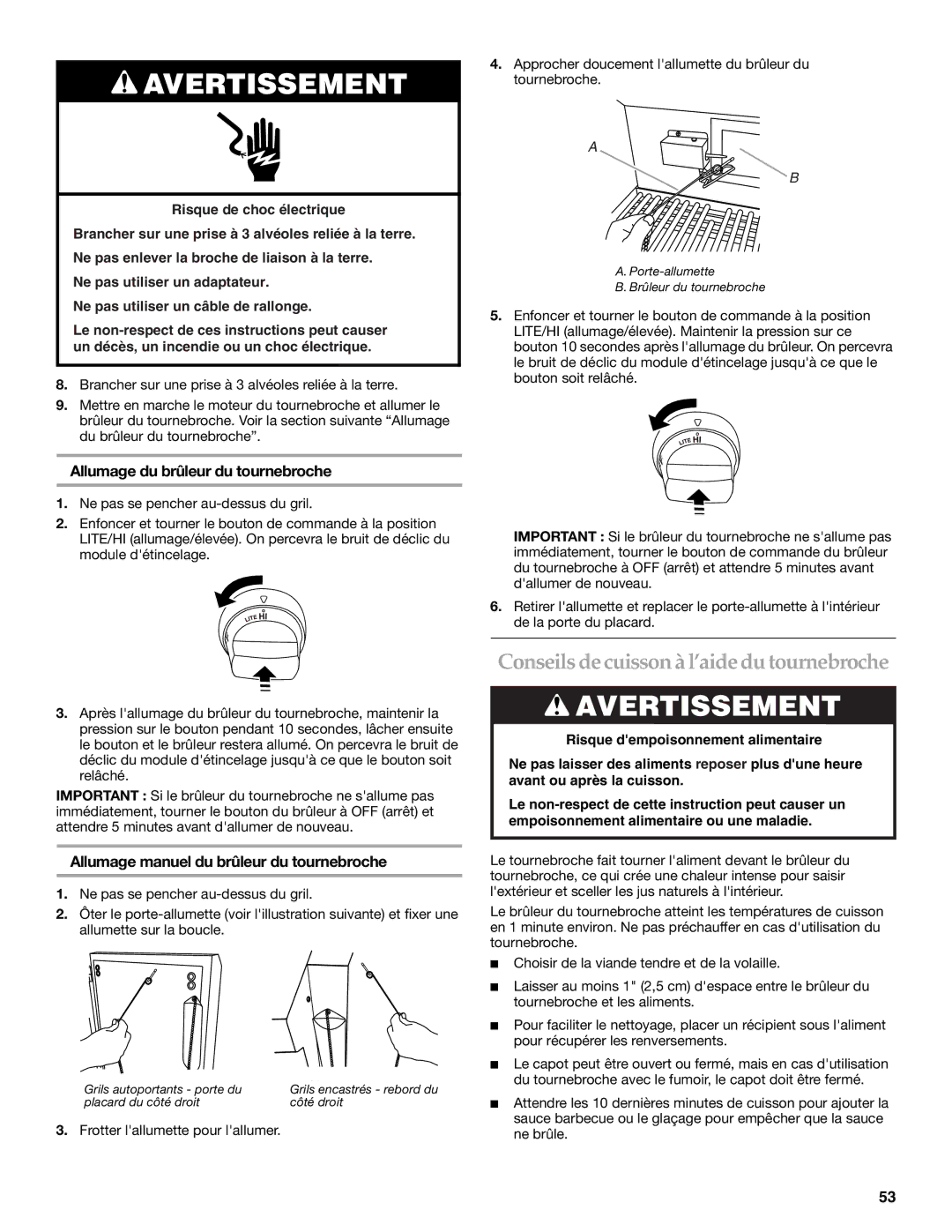 KitchenAid KBNS361T, KFRS271T, KFRS365T Conseils de cuisson à l’aide du tournebroche, Allumage du brûleur du tournebroche 