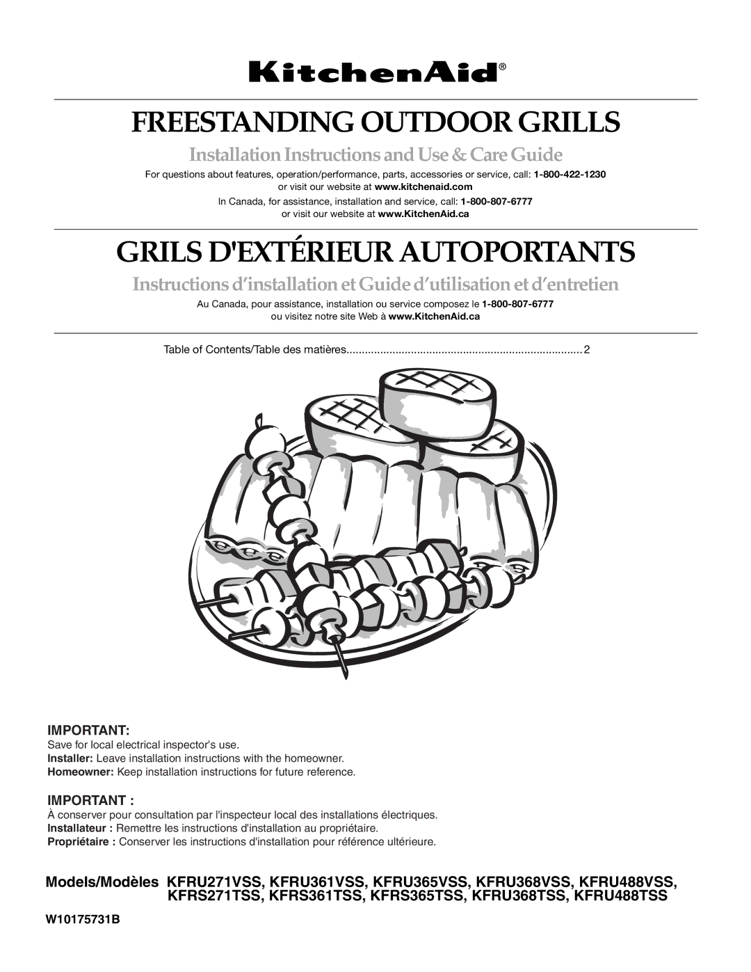 KitchenAid KFRU271VSS installation instructions Freestanding Outdoor Grills 