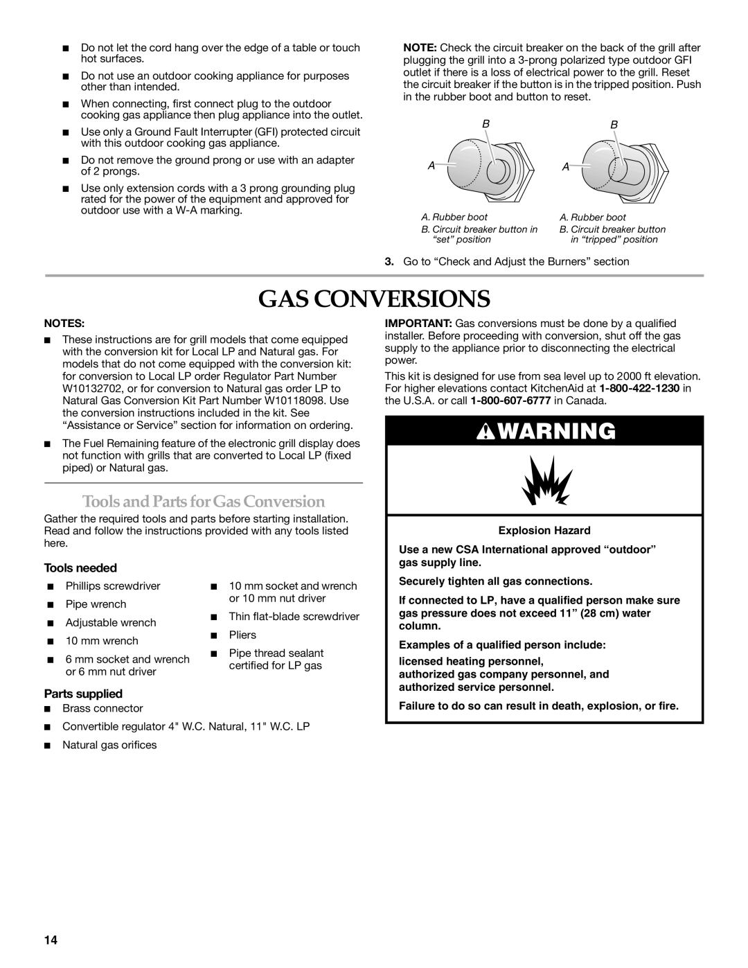 KitchenAid KFRU271VSS installation instructions GAS Conversions, Tools and Parts forGas Conversion 