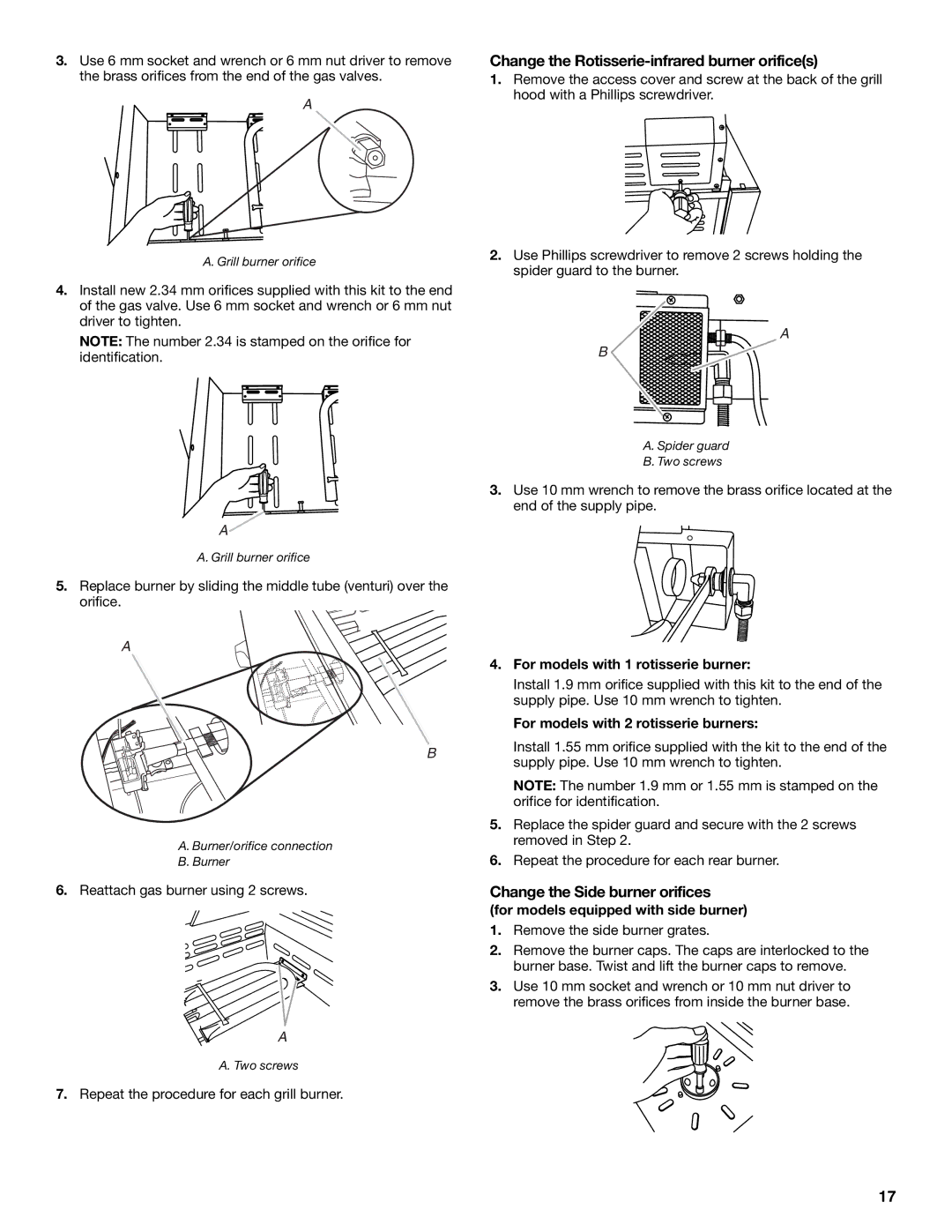 KitchenAid KFRU271VSS Change the Rotisserie-infrared burner orifices, Change the Side burner orifices 