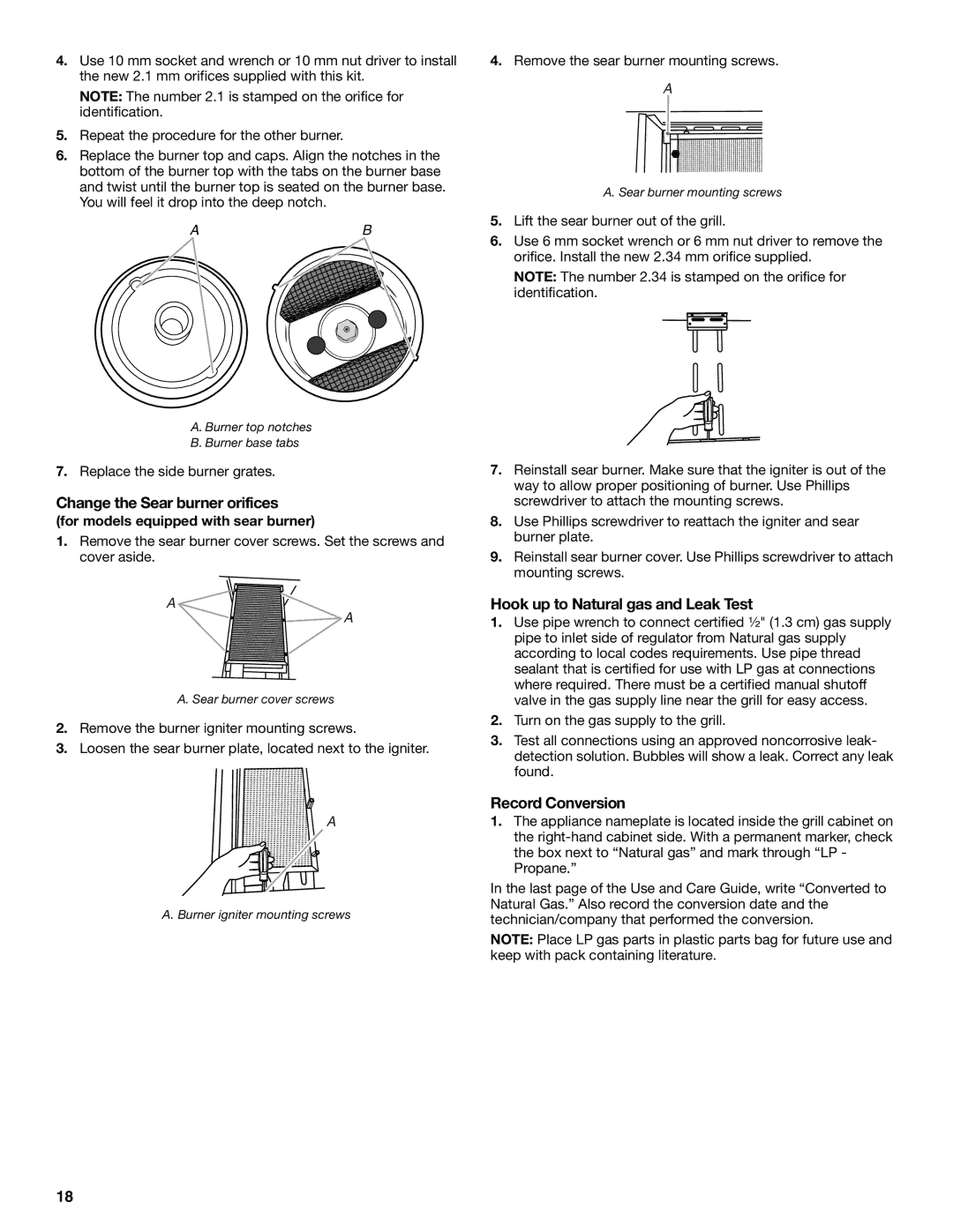 KitchenAid KFRU271VSS installation instructions Change the Sear burner orifices, Hook up to Natural gas and Leak Test 