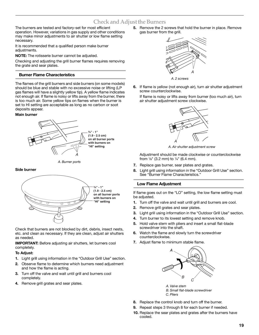 KitchenAid KFRU271VSS Check and Adjustthe Burners, Burner Flame Characteristics, Low Flame Adjustment 