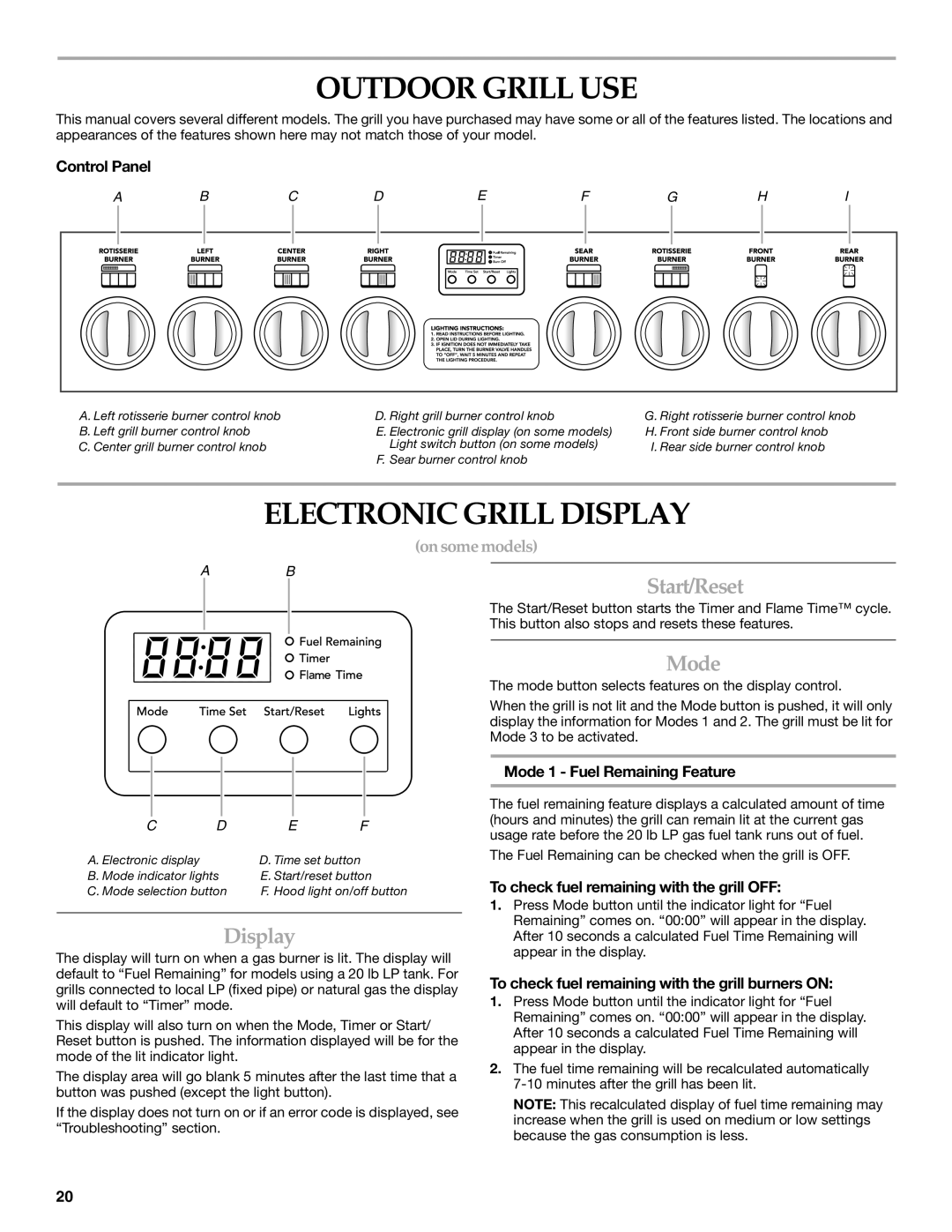 KitchenAid KFRU271VSS installation instructions Outdoor Grill USE, Electronic Grill Display, Start/Reset, Mode 