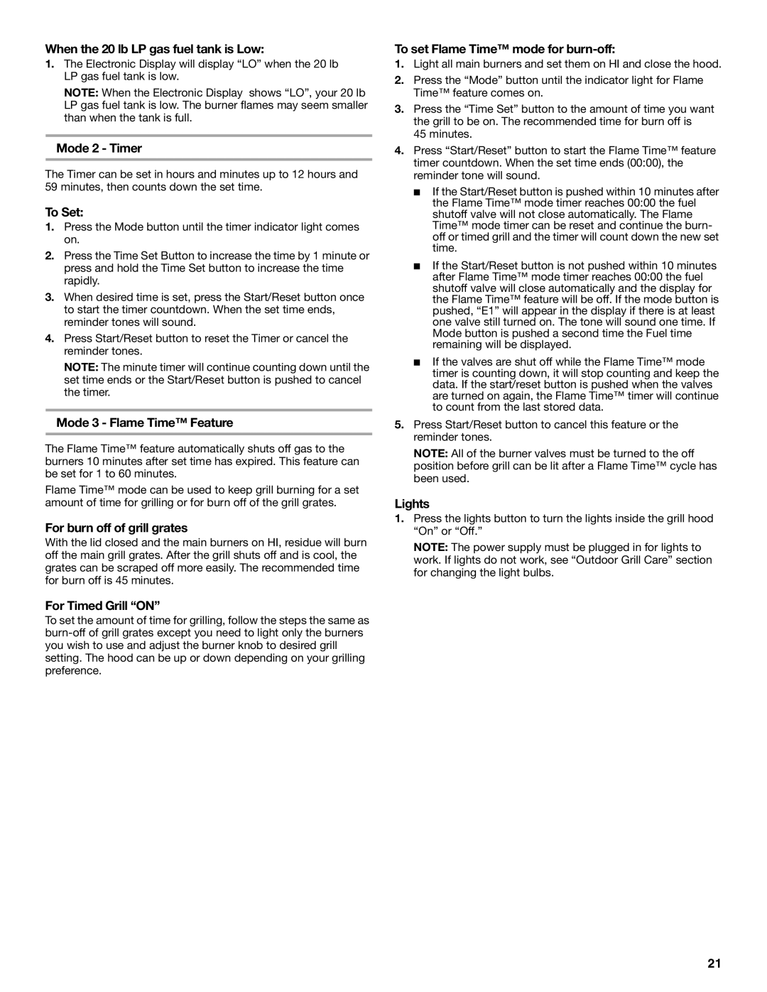 KitchenAid KFRU271VSS When the 20 lb LP gas fuel tank is Low, Mode 2 Timer, To Set, Mode 3 Flame Time Feature, Lights 