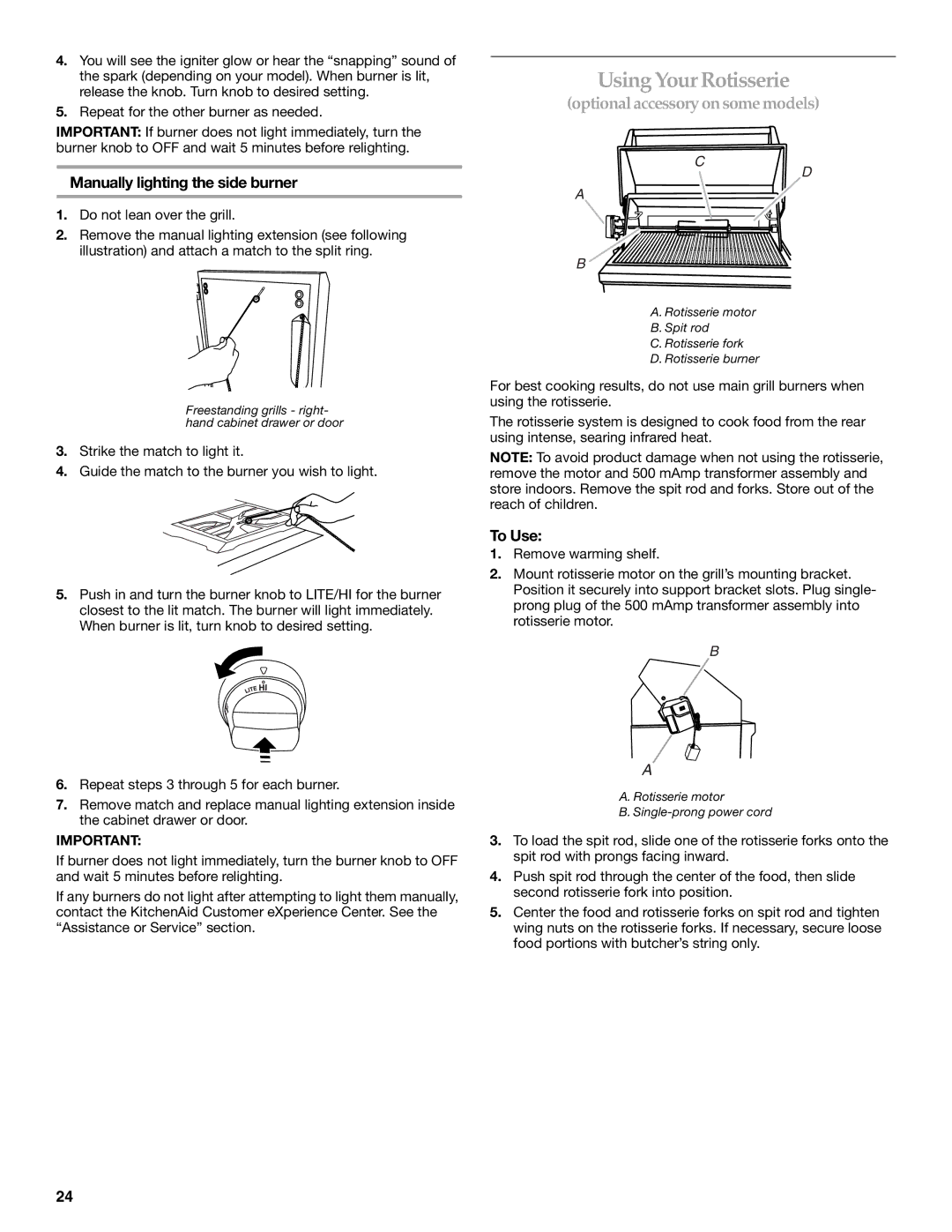 KitchenAid KFRU271VSS installation instructions Using YourRotisserie, Manually lighting the side burner, To Use 