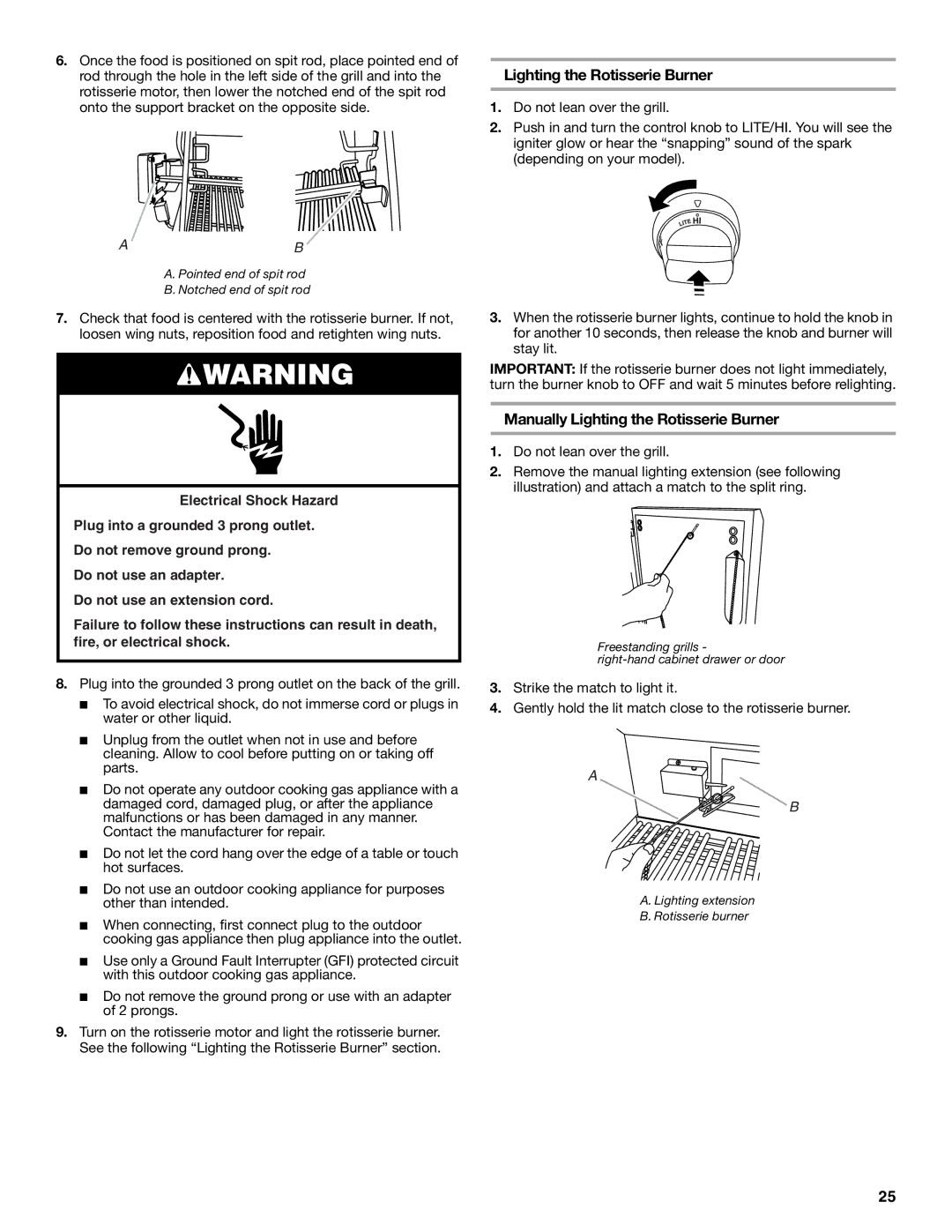 KitchenAid KFRU271VSS installation instructions Manually Lighting the Rotisserie Burner 