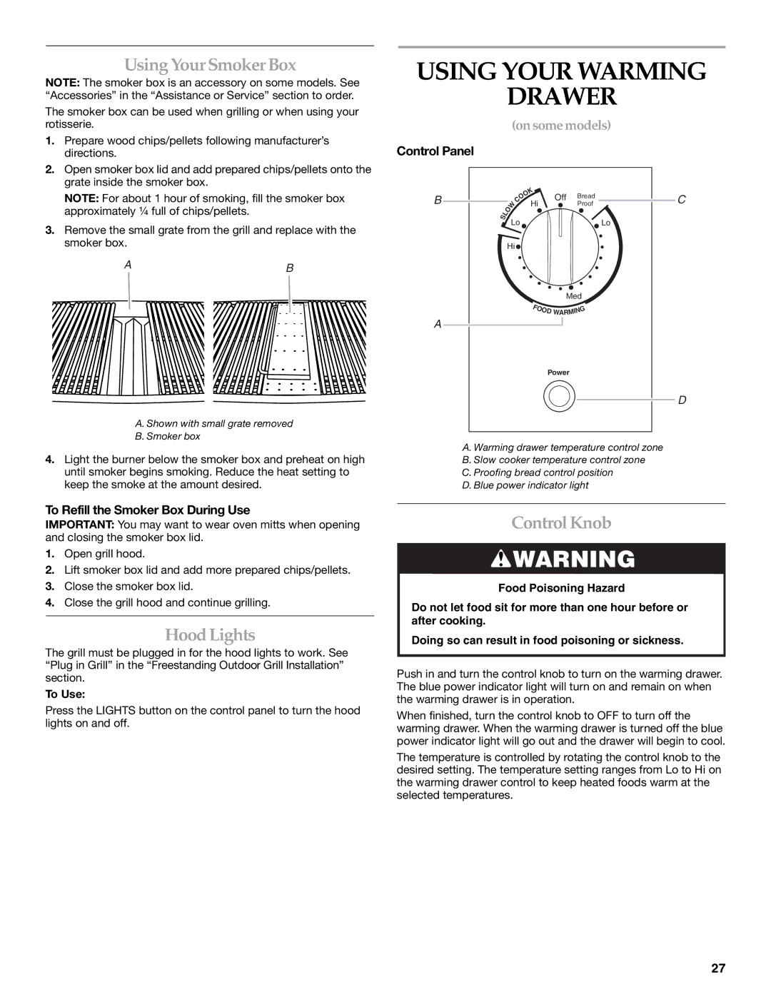 KitchenAid KFRU271VSS installation instructions Using Your Warming Drawer, Using YourSmokerBox, Hood Lights, Control Knob 