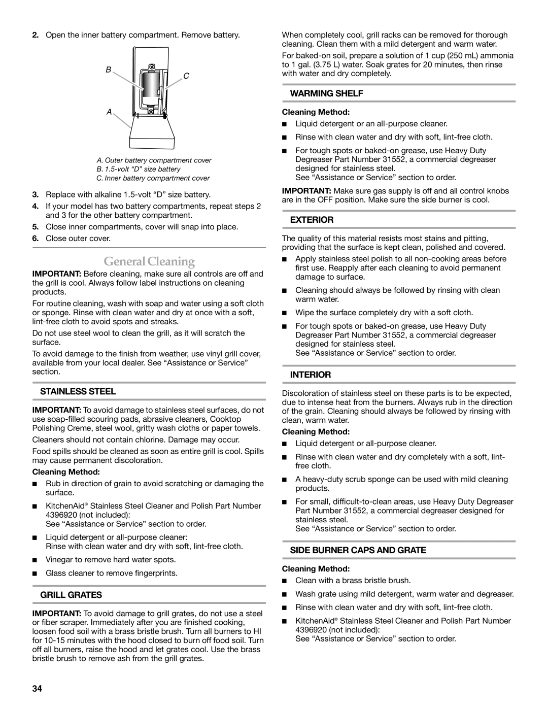 KitchenAid KFRU271VSS installation instructions GeneralCleaning, Cleaning Method 