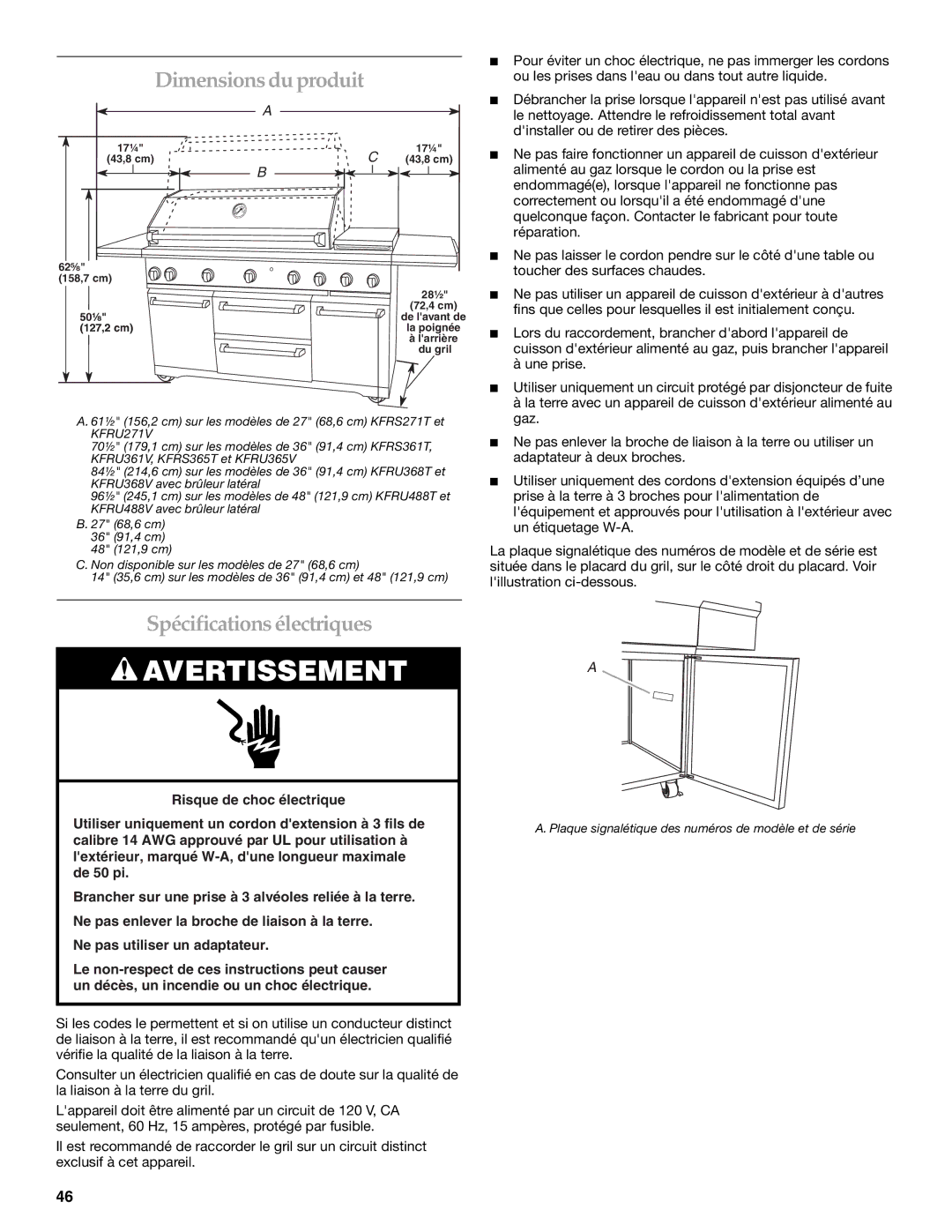 KitchenAid KFRU271VSS installation instructions Dimensionsdu produit, Spécifications électriques 