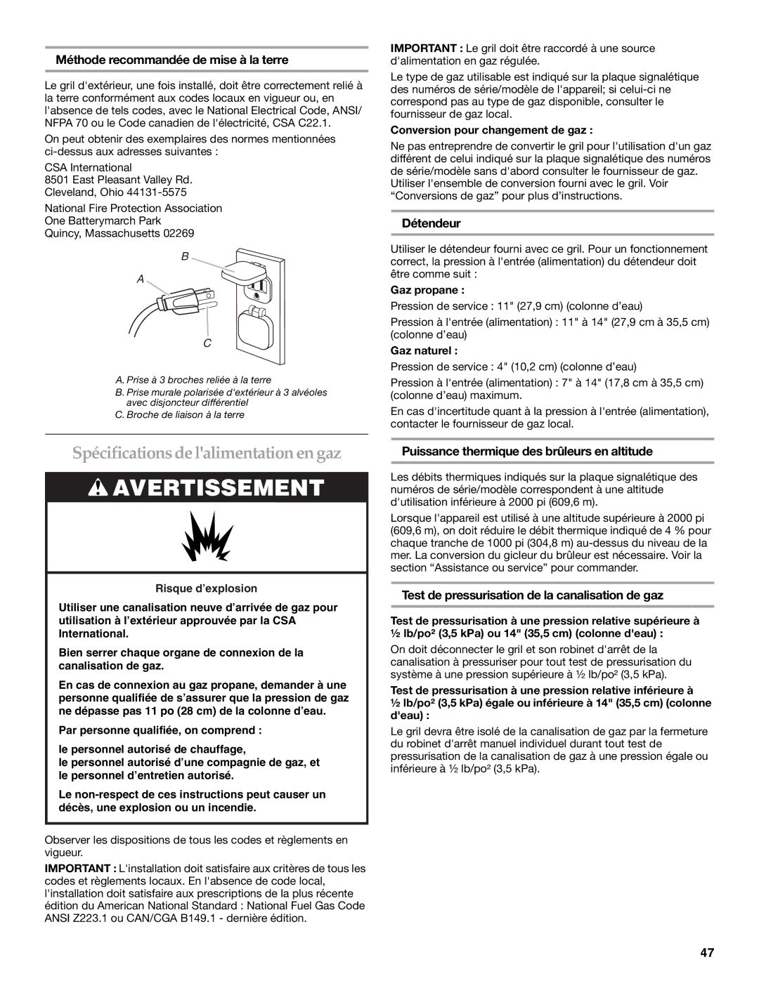 KitchenAid KFRU271VSS Spécifications delalimentation en gaz, Méthode recommandée de mise à la terre, Détendeur 