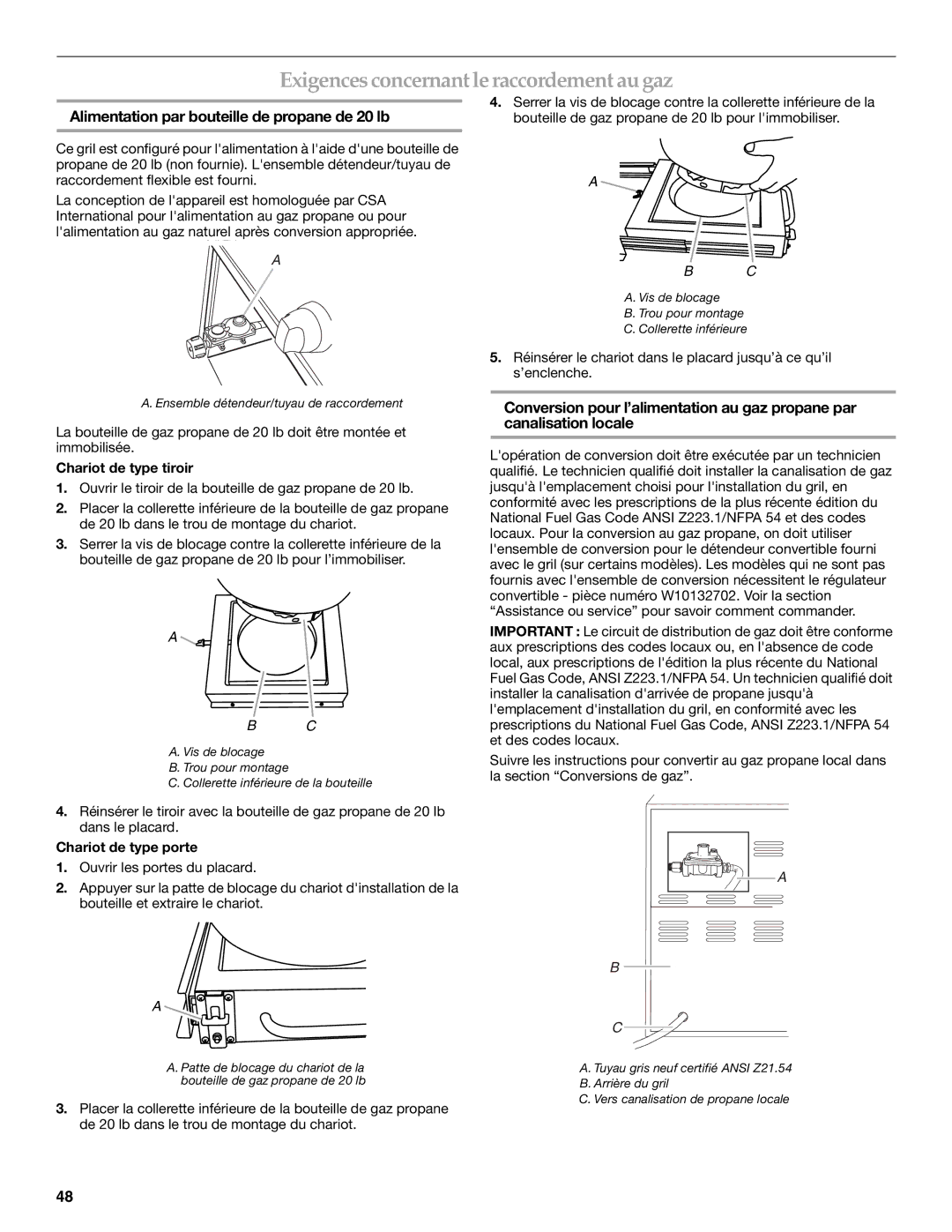 KitchenAid KFRU271VSS Exigencesconcernant leraccordement au gaz, Alimentation par bouteille de propane de 20 lb 