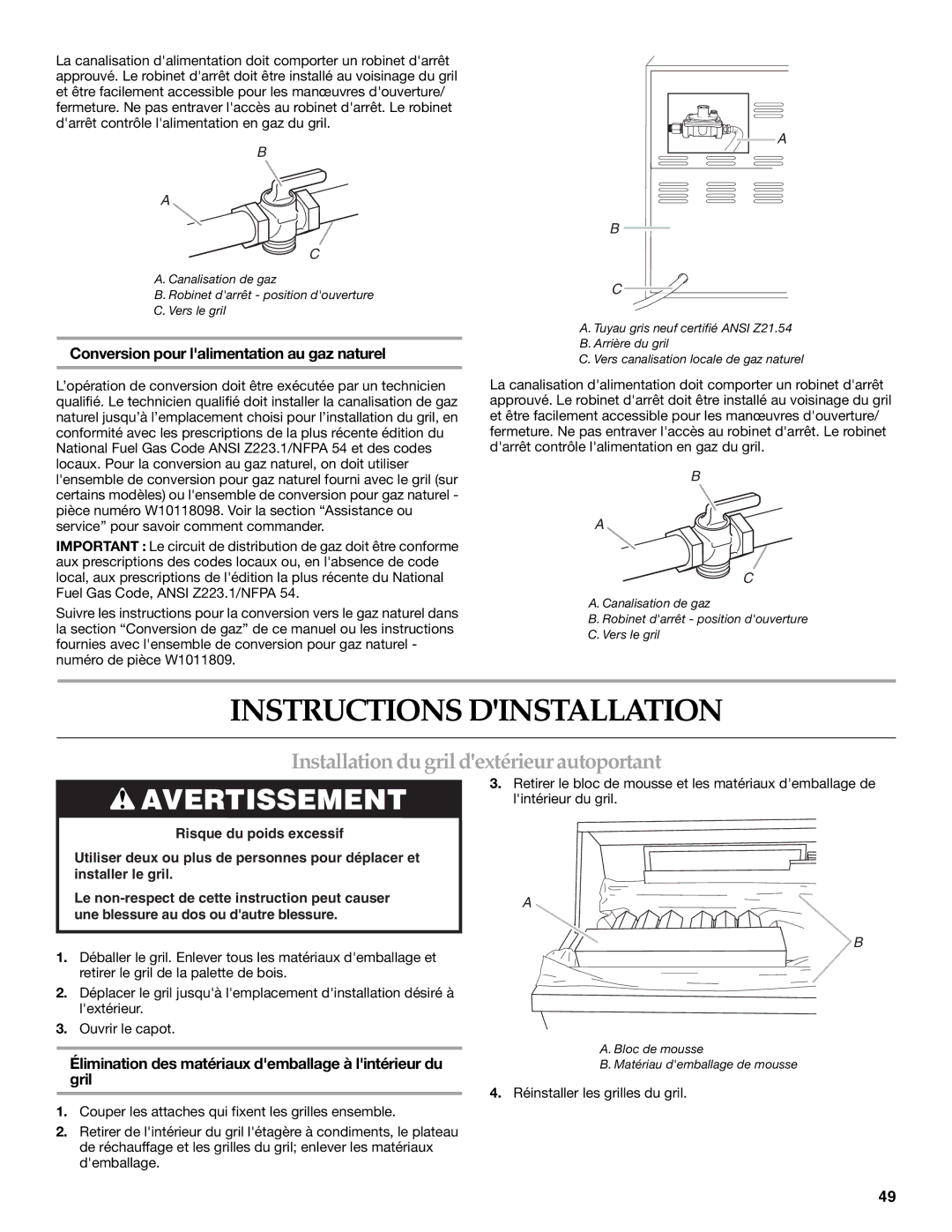 KitchenAid KFRU271VSS Instructions Dinstallation, Installation du gril dextérieur autoportant, Gril 