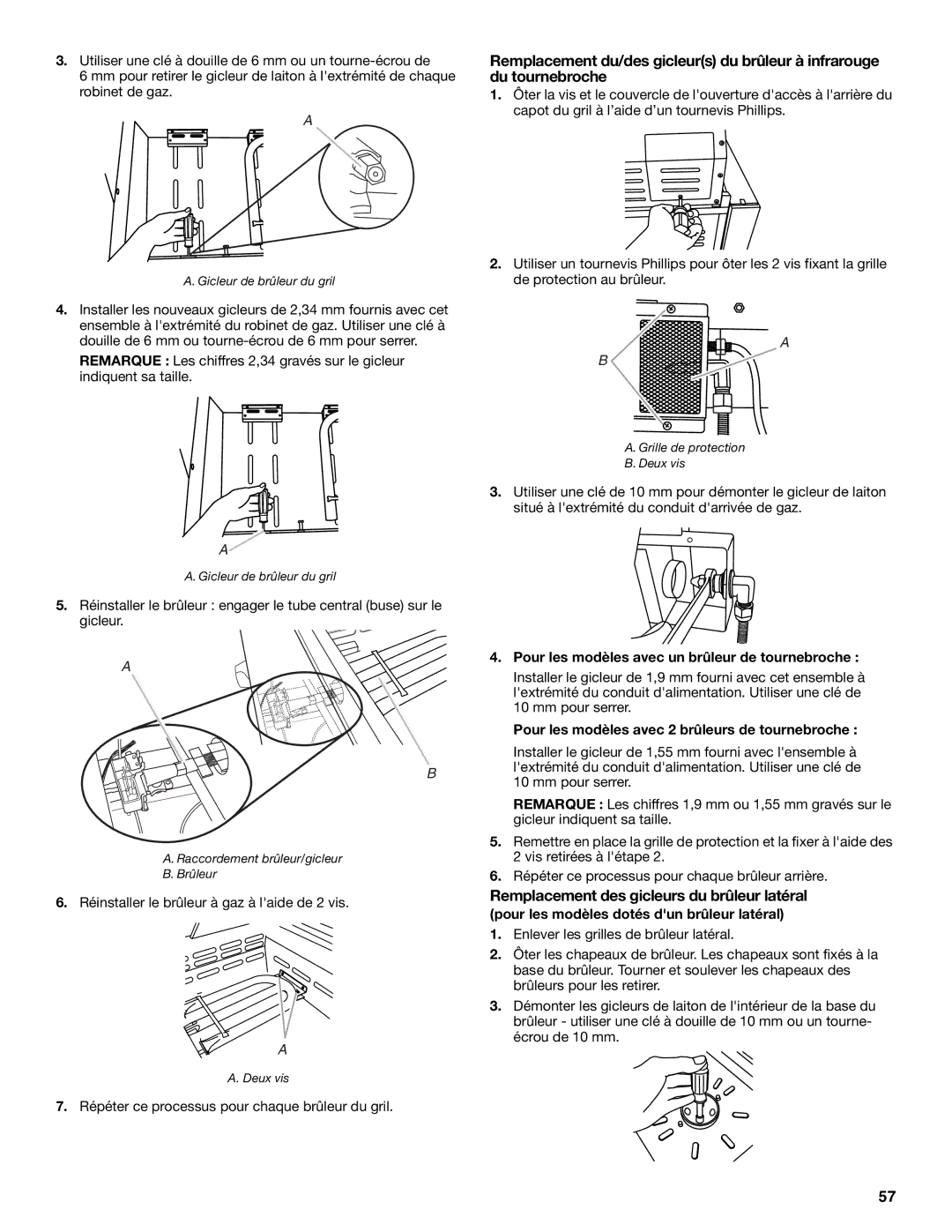 KitchenAid KFRU271VSS Remplacement des gicleurs du brûleur latéral, Pour les modèles avec un brûleur de tournebroche 