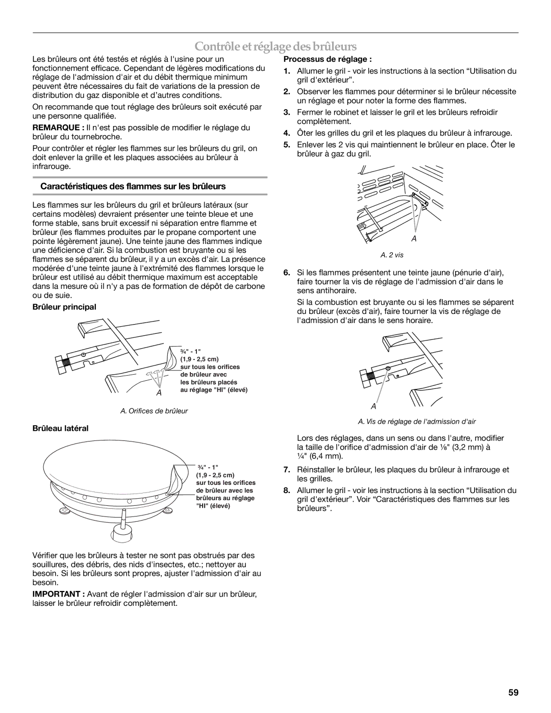 KitchenAid KFRU271VSS Contrôleetréglagedesbrûleurs, Caractéristiques des flammes sur les brûleurs, Brûleur principal 