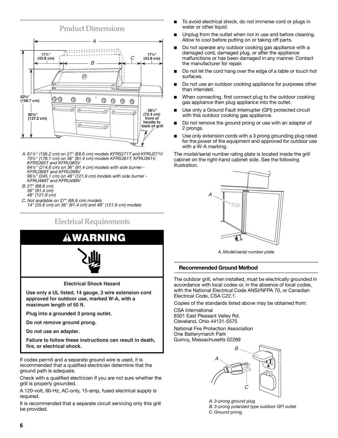 KitchenAid KFRU271VSS installation instructions Electrical Requirements, Recommended Ground Method 