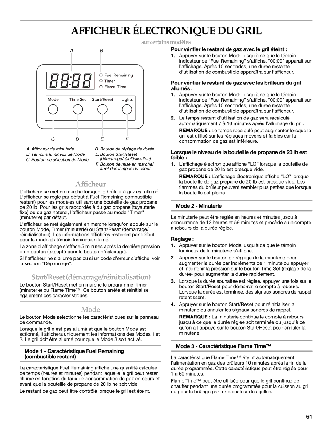 KitchenAid KFRU271VSS installation instructions Afficheur Électronique DU Gril, Start/Reset démarrage/réinitialisation 