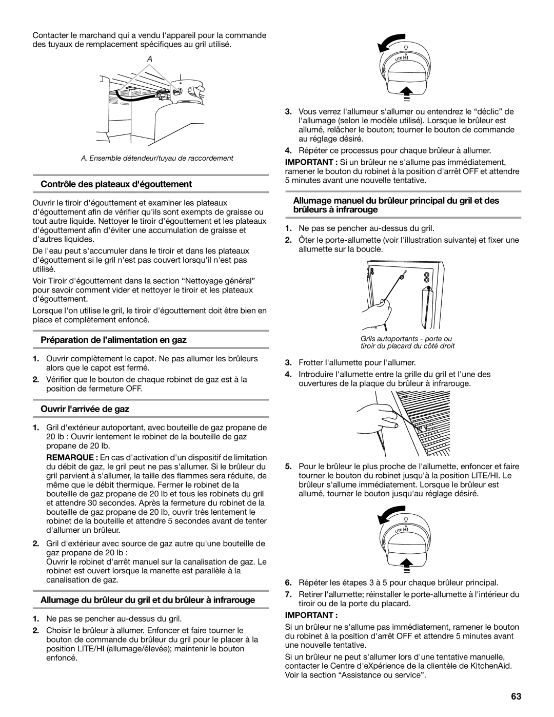 KitchenAid KFRU271VSS Contrôle des plateaux dégouttement, Préparation de l’alimentation en gaz, Ouvrir larrivée de gaz 