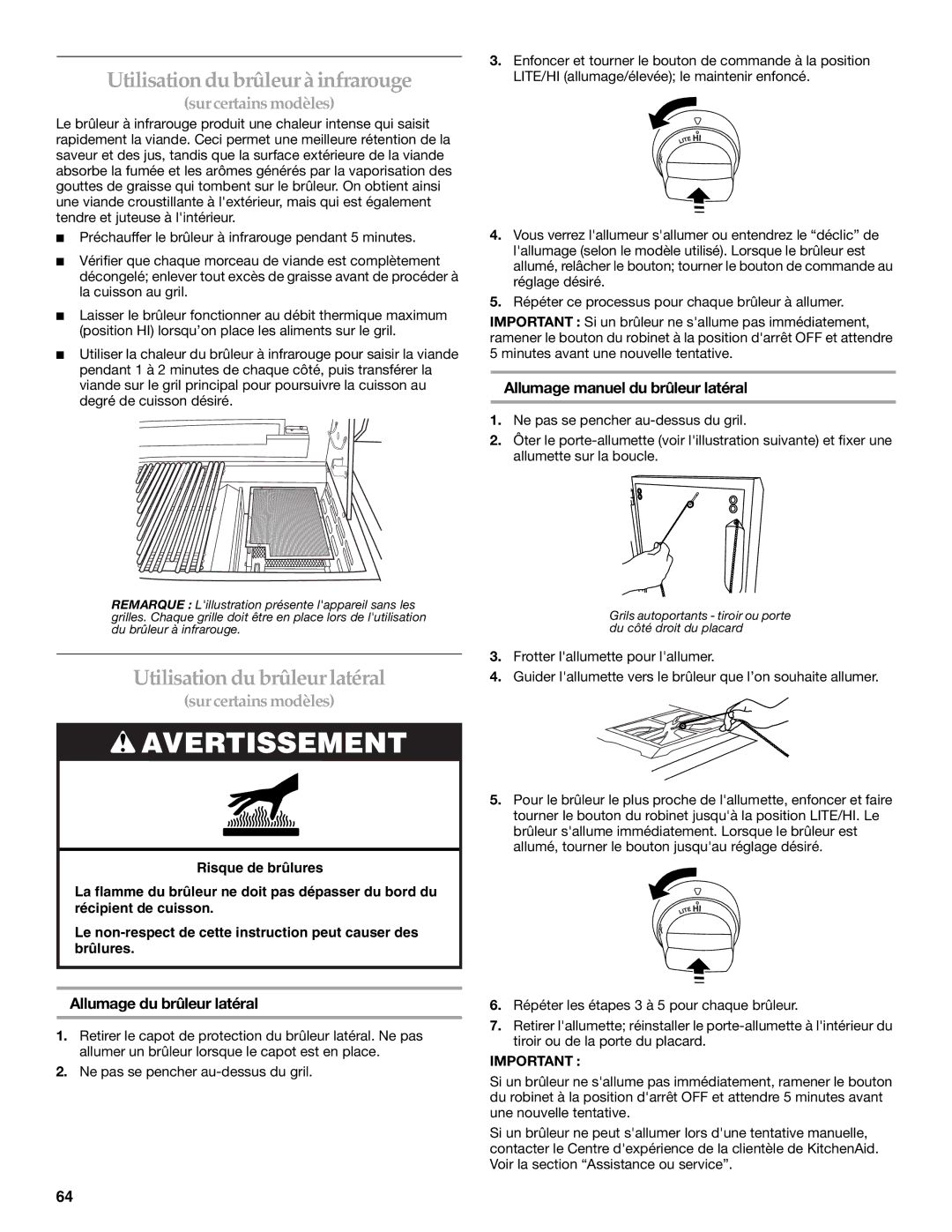 KitchenAid KFRU271VSS Utilisation dubrûleur à infrarouge, Utilisation du brûleur latéral, Allumage du brûleur latéral 