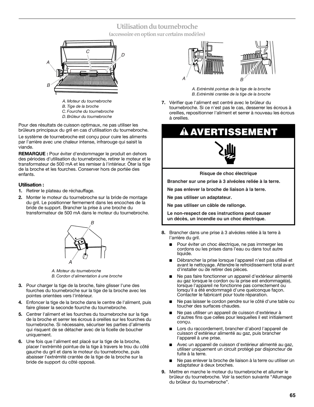 KitchenAid KFRU271VSS installation instructions Utilisation du tournebroche 