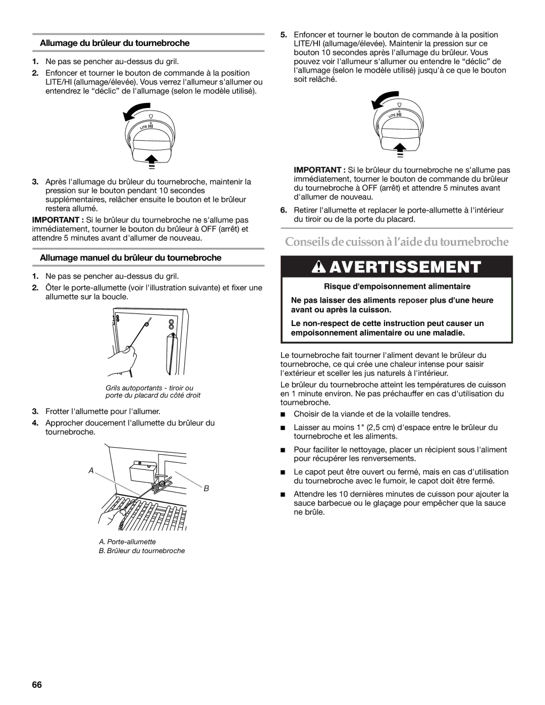 KitchenAid KFRU271VSS Conseils de cuisson à l’aide du tournebroche, Allumage du brûleur du tournebroche 