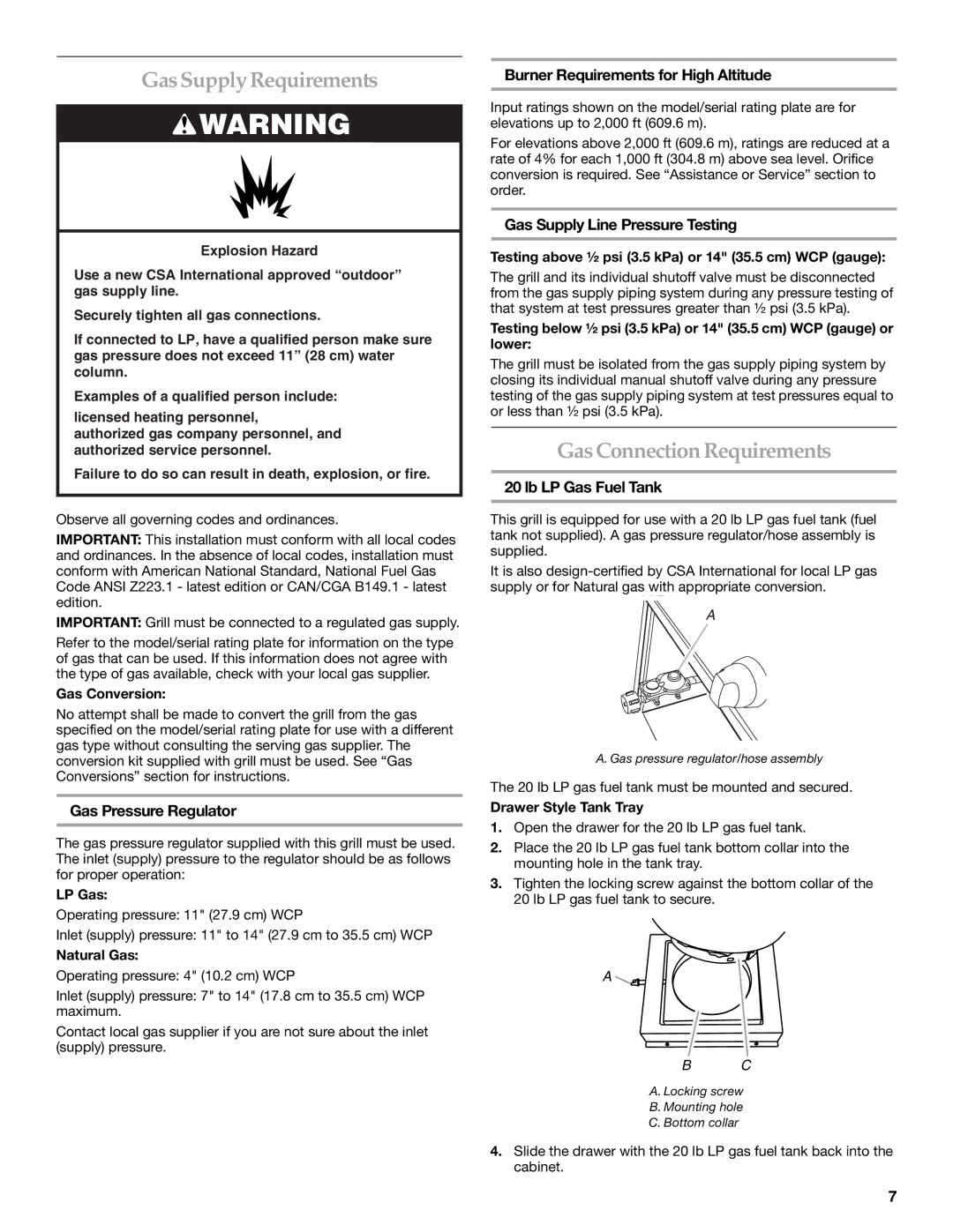 KitchenAid KFRU271VSS installation instructions Gas Supply Requirements, Gas Connection Requirements 