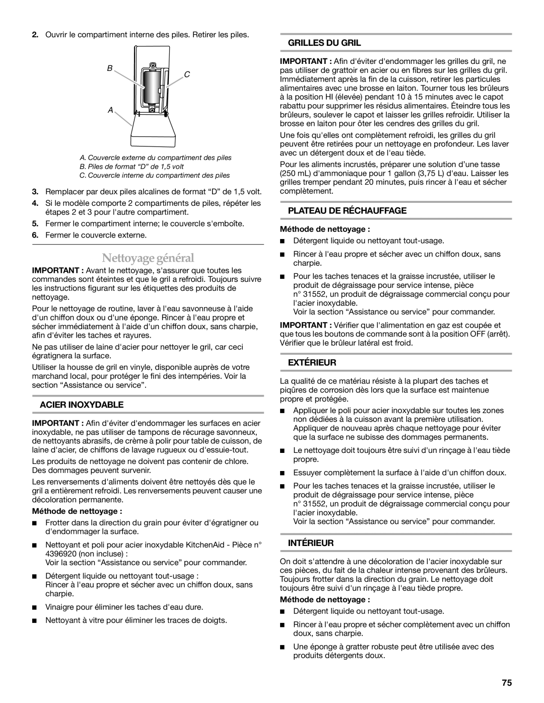 KitchenAid KFRU271VSS installation instructions Nettoyagegénéral, Méthode de nettoyage 