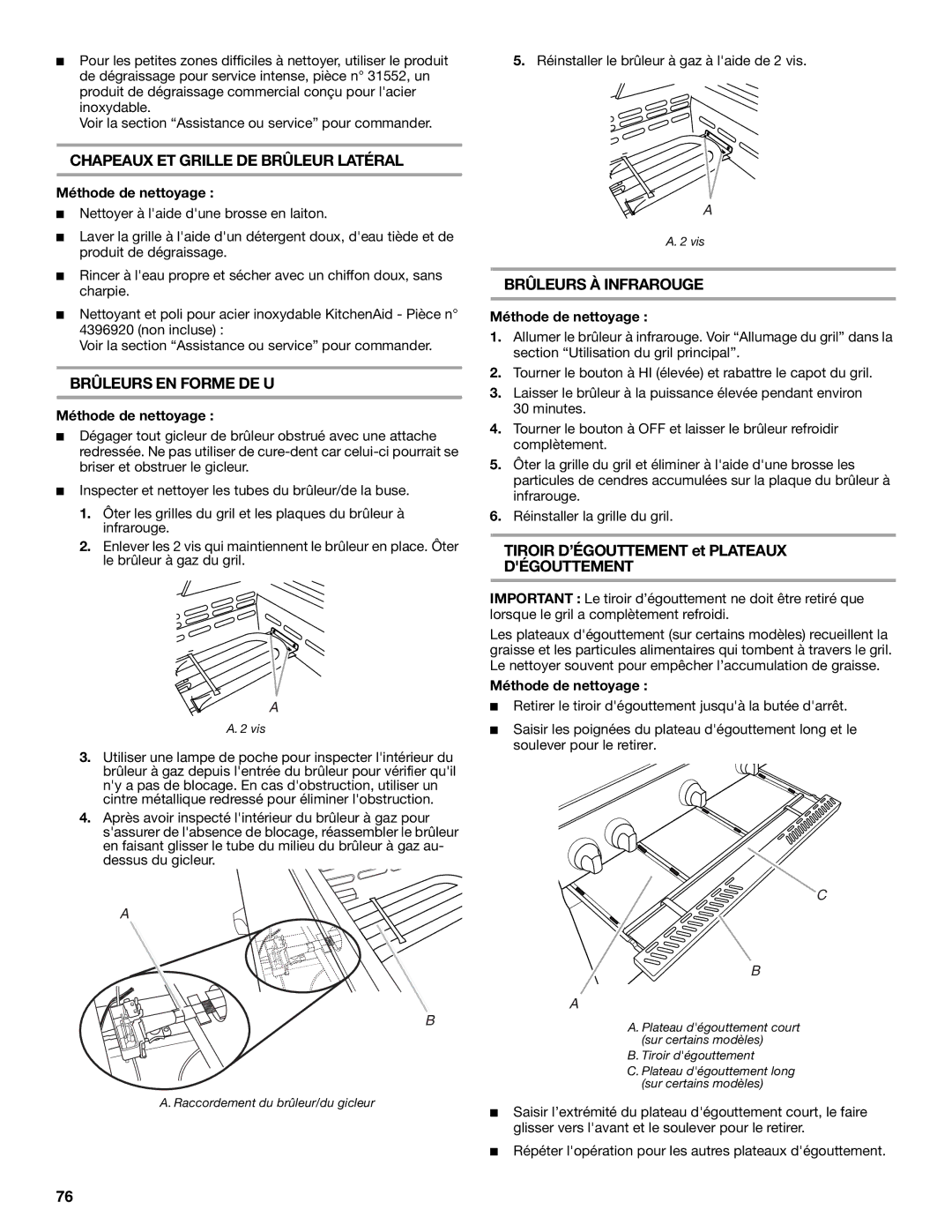 KitchenAid KFRU271VSS installation instructions Chapeaux ET Grille DE Brûleur Latéral, Tiroir D’ÉGOUTTEMENT et Plateaux 