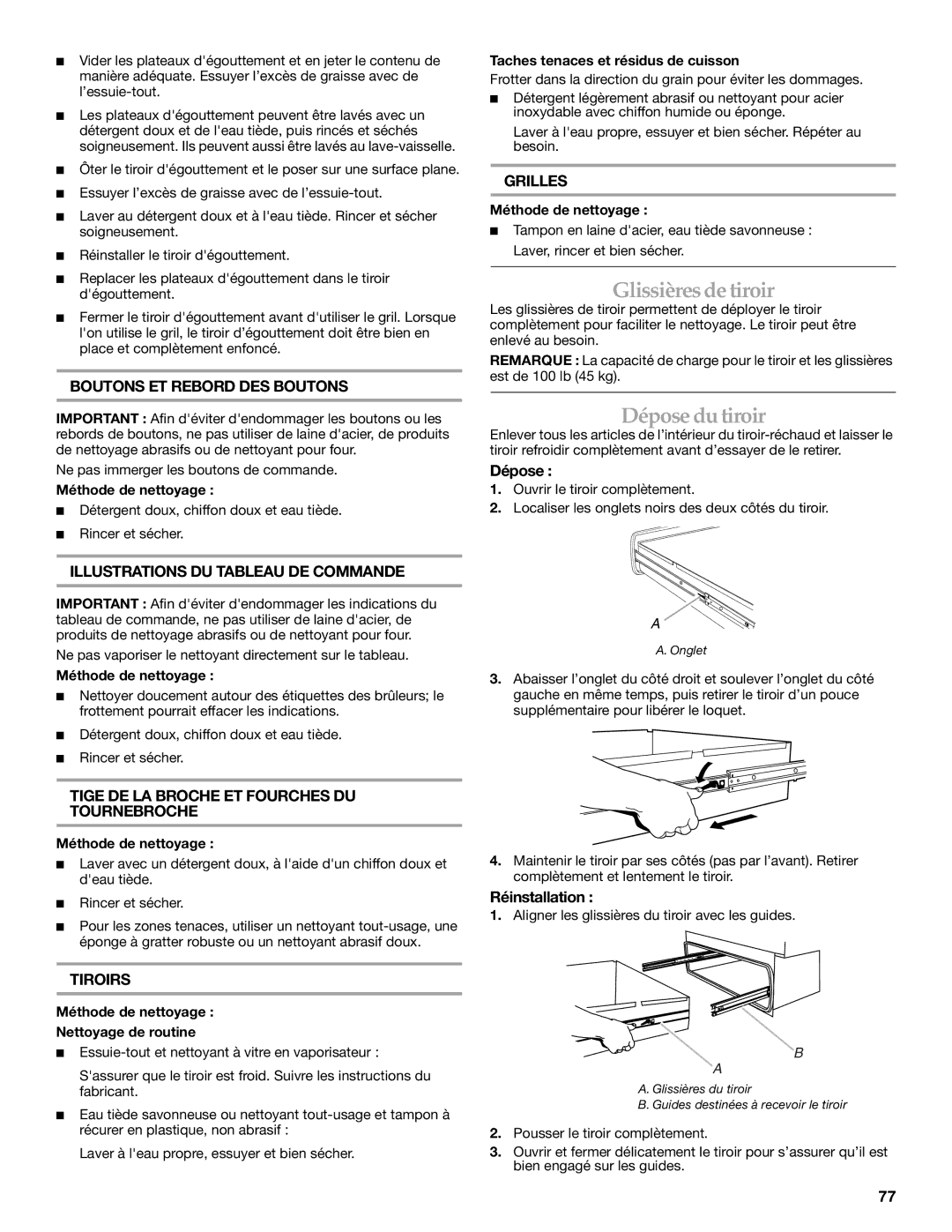 KitchenAid KFRU271VSS installation instructions Glissièresdetiroir, Dépose du tiroir, Réinstallation 