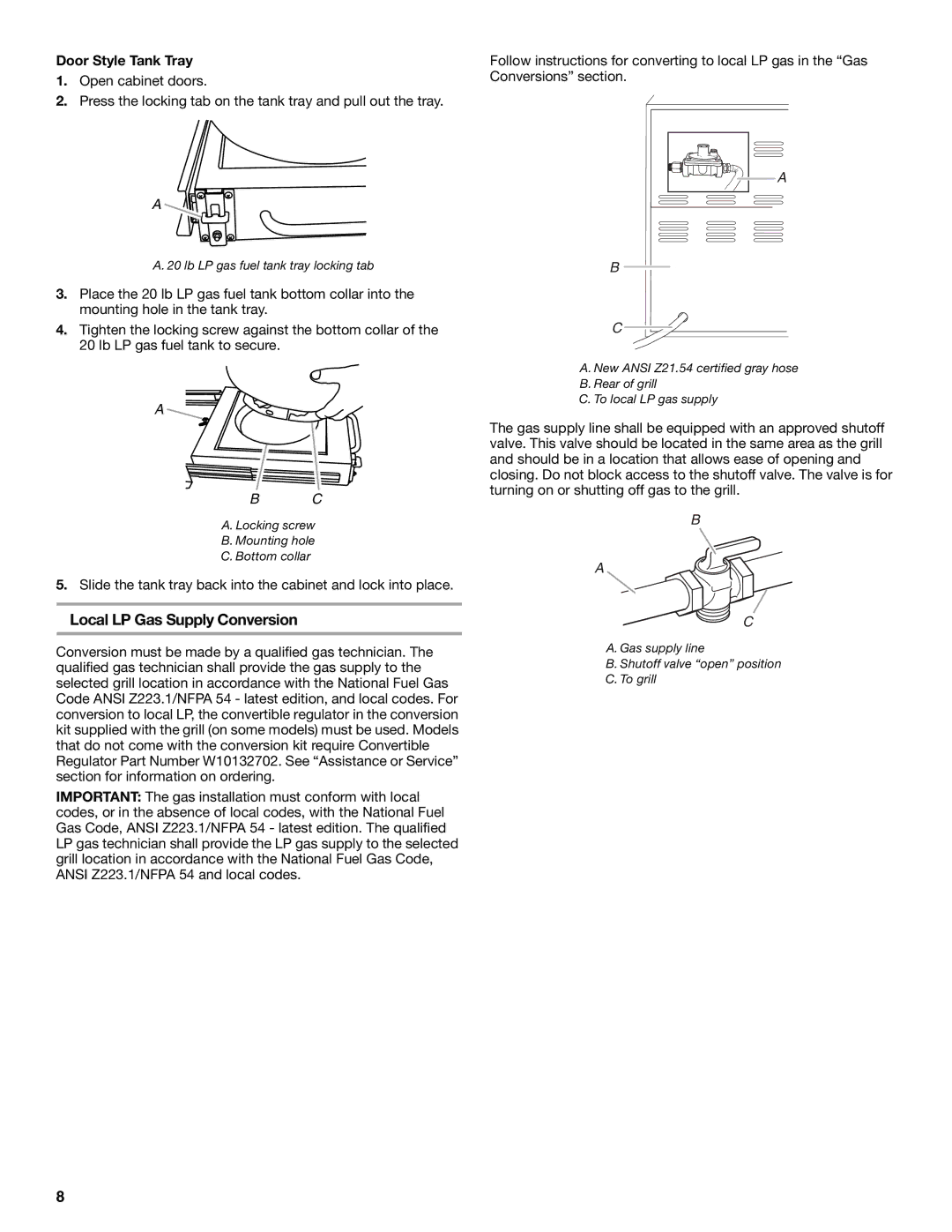 KitchenAid KFRU271VSS installation instructions Local LP Gas Supply Conversion, Door Style Tank Tray 