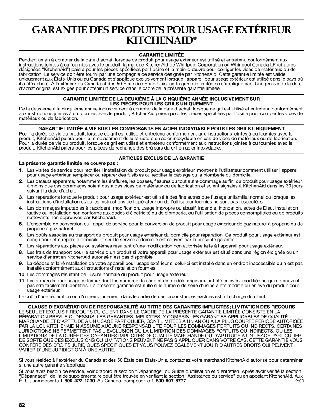 KitchenAid KFRU271VSS installation instructions Garantie DES Produits Pour Usage Extérieur Kitchenaid, Garantie Limitée 