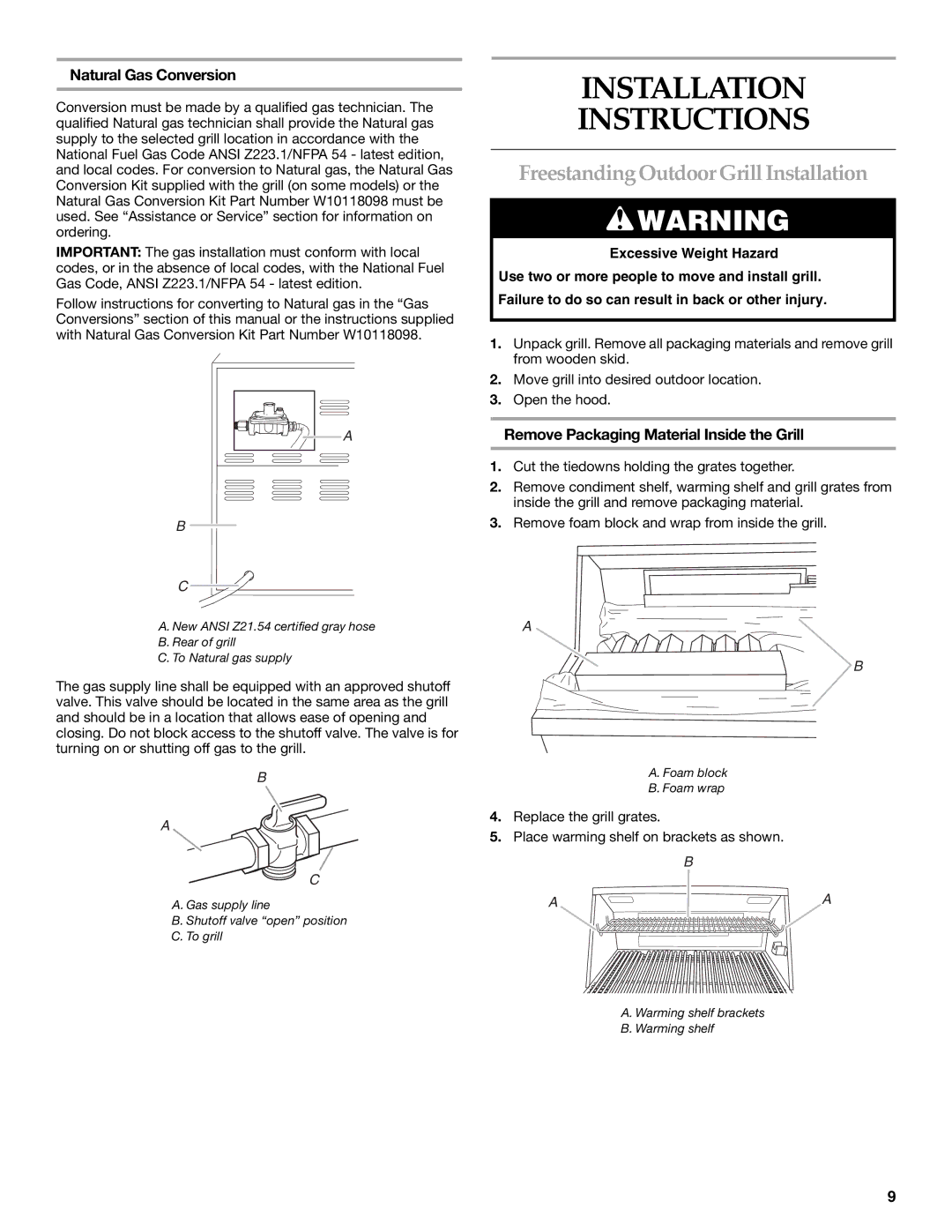 KitchenAid KFRU271VSS installation instructions Natural Gas Conversion, Installation Instructions 