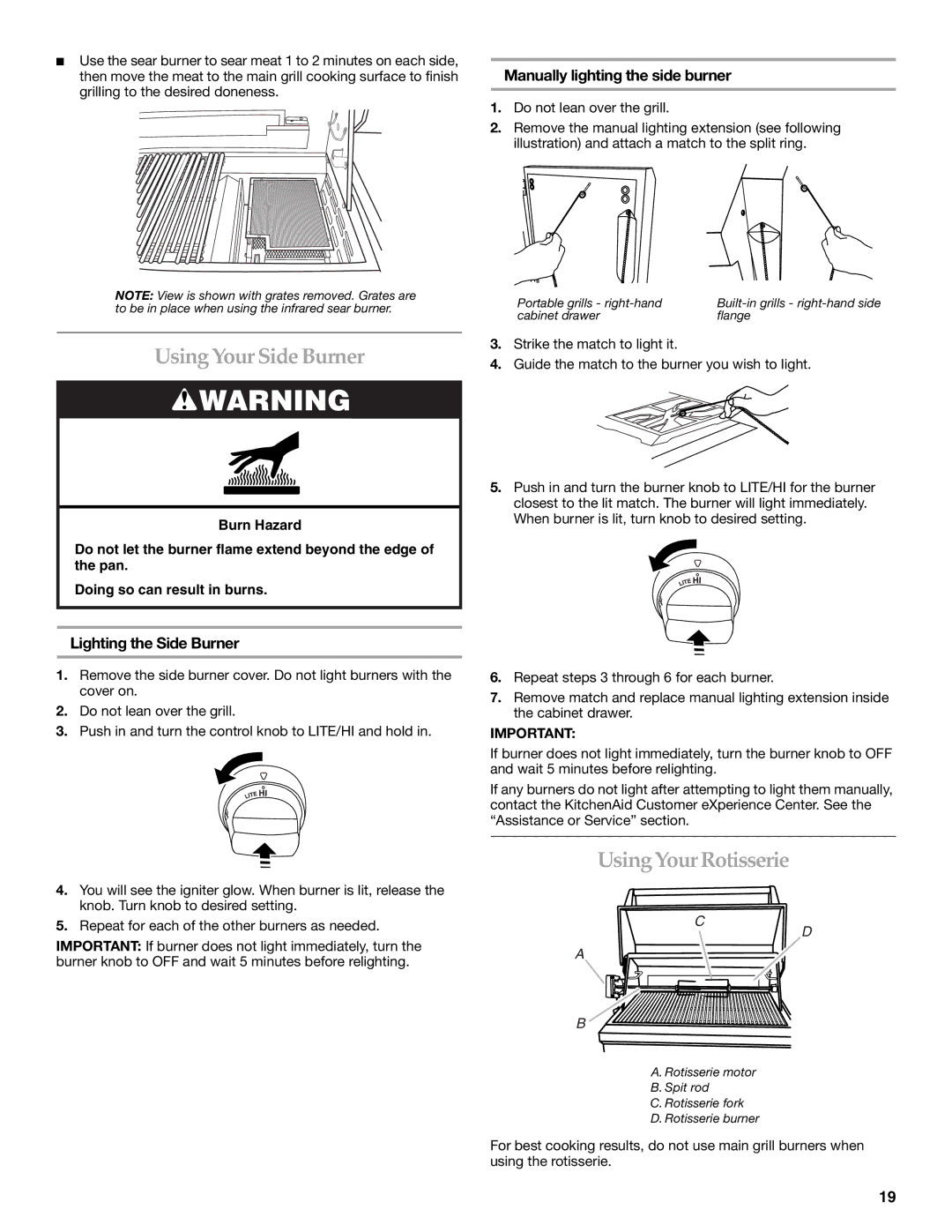 KitchenAid KBNU487T, KFRU368T, KFRU488T, KBNU367T Using Your Side Burner, Using Your Rotisserie, Lighting the Side Burner 