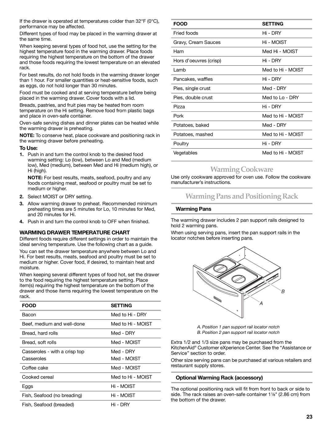 KitchenAid KBNU487T, KFRU368T Warming Cookware, Warming Pans and Positioning Rack, Warming Drawer Temperature Chart 