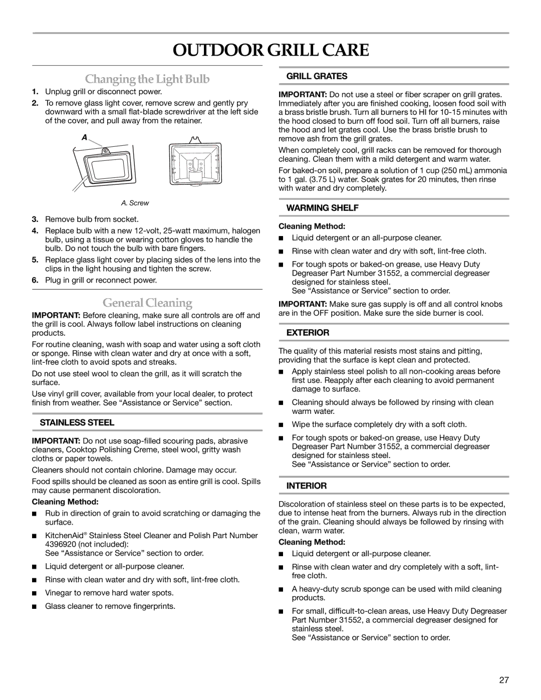 KitchenAid KBNU487T, KFRU368T, KFRU488T, KBNU367T Outdoor Grill Care, Changing the Light Bulb, General Cleaning 