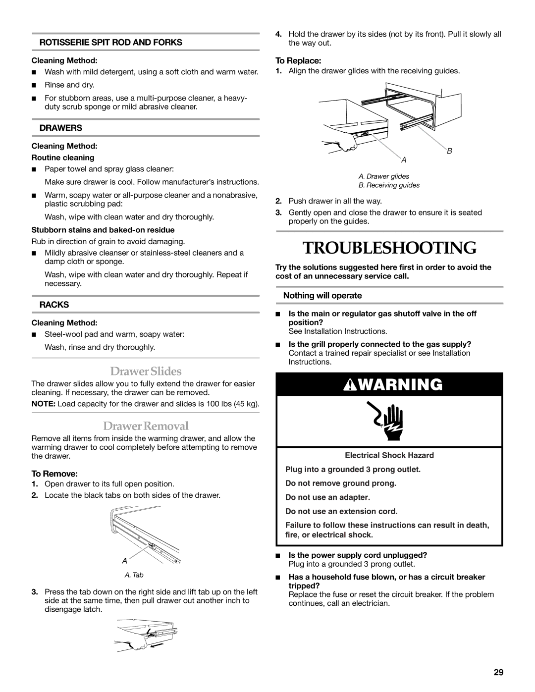 KitchenAid KFRU488T, KFRU368T, KBNU367T, KBNU487T installation instructions Troubleshooting, Drawer Slides, Drawer Removal 