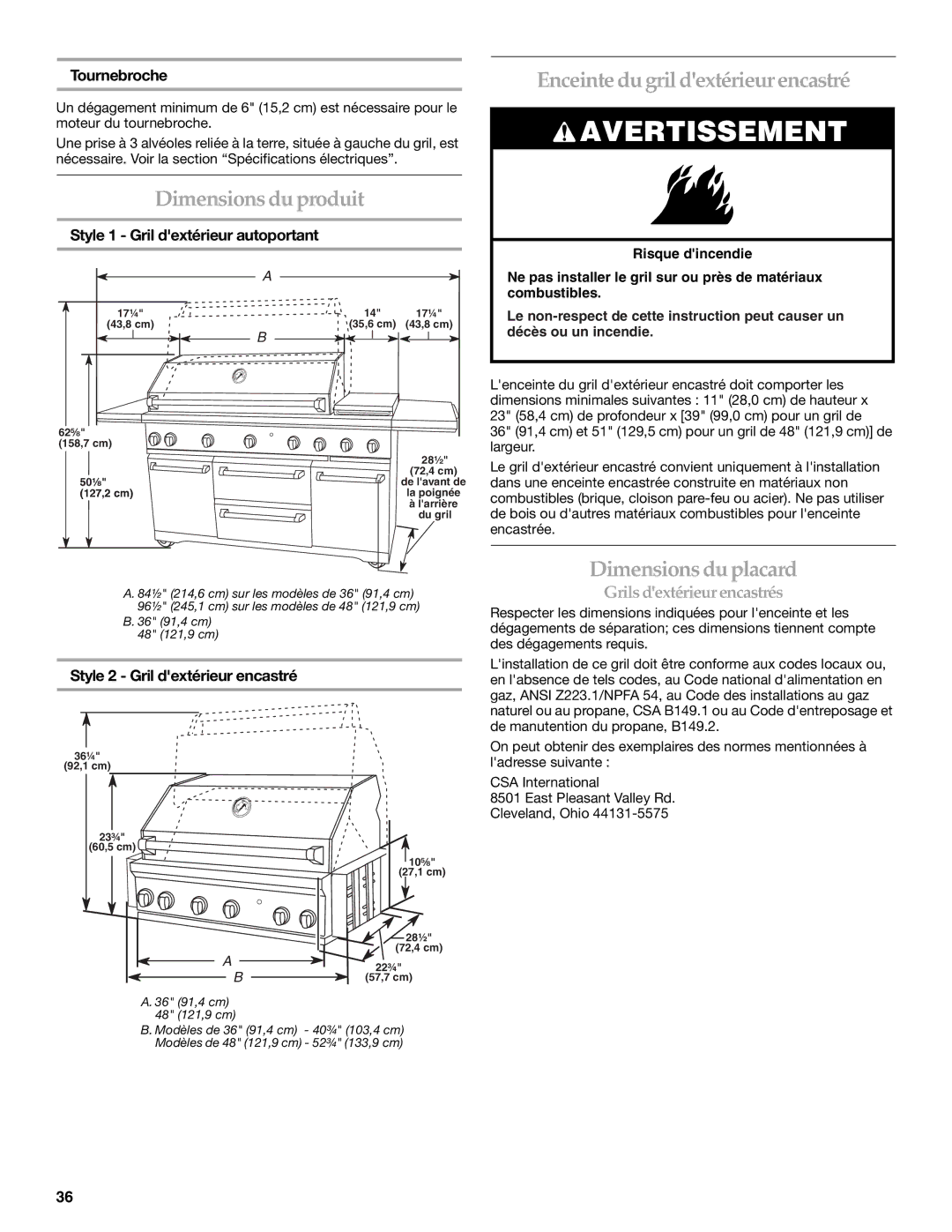 KitchenAid KFRU368T, KFRU488T, KBNU367T Dimensions du produit, Enceinte du gril dextérieur encastré, Dimensions du placard 