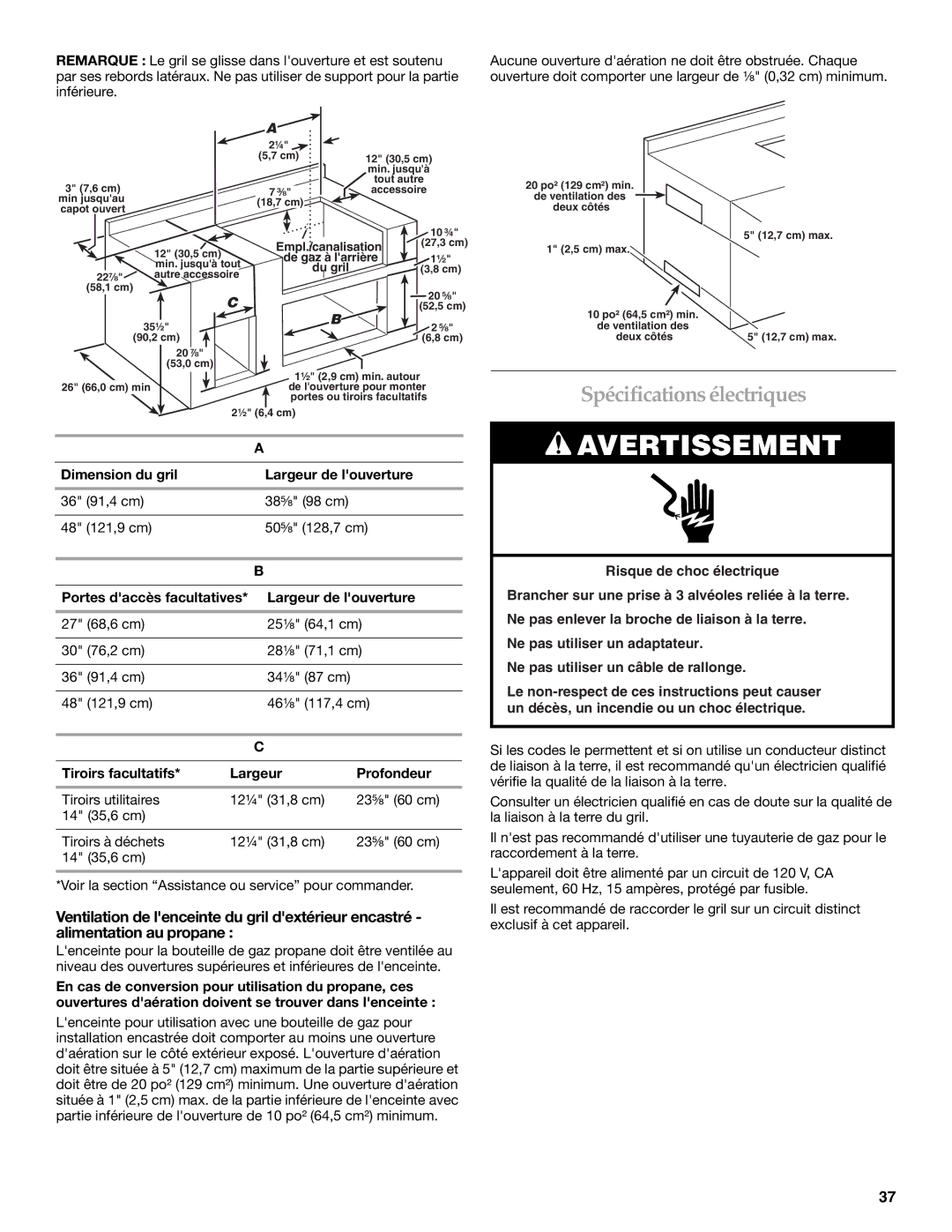 KitchenAid KFRU488T, KFRU368T, KBNU367T, KBNU487T Spécifications électriques, Dimension du gril Largeur de louverture 