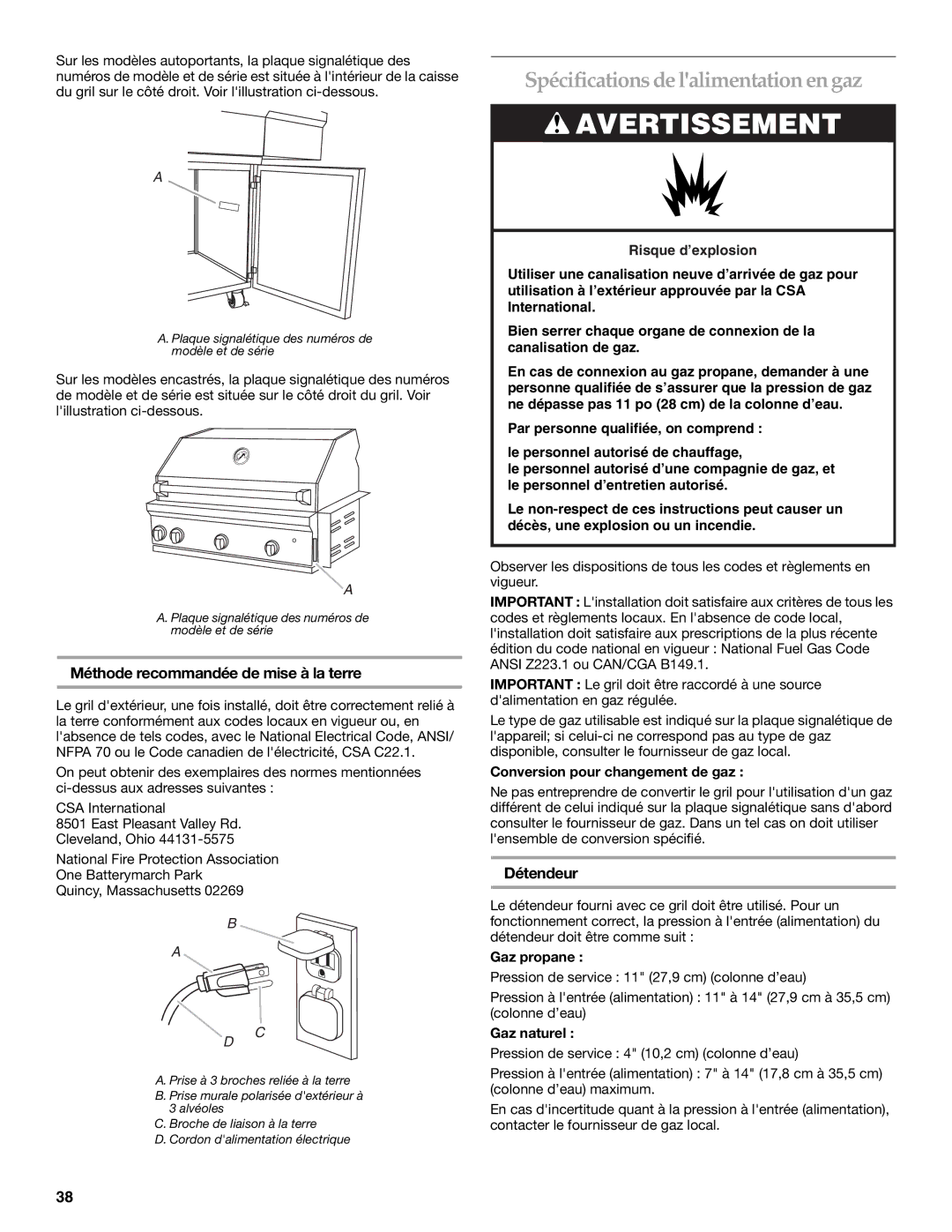 KitchenAid KBNU367T, KFRU368T Spécifications de lalimentation en gaz, Méthode recommandée de mise à la terre, Détendeur 