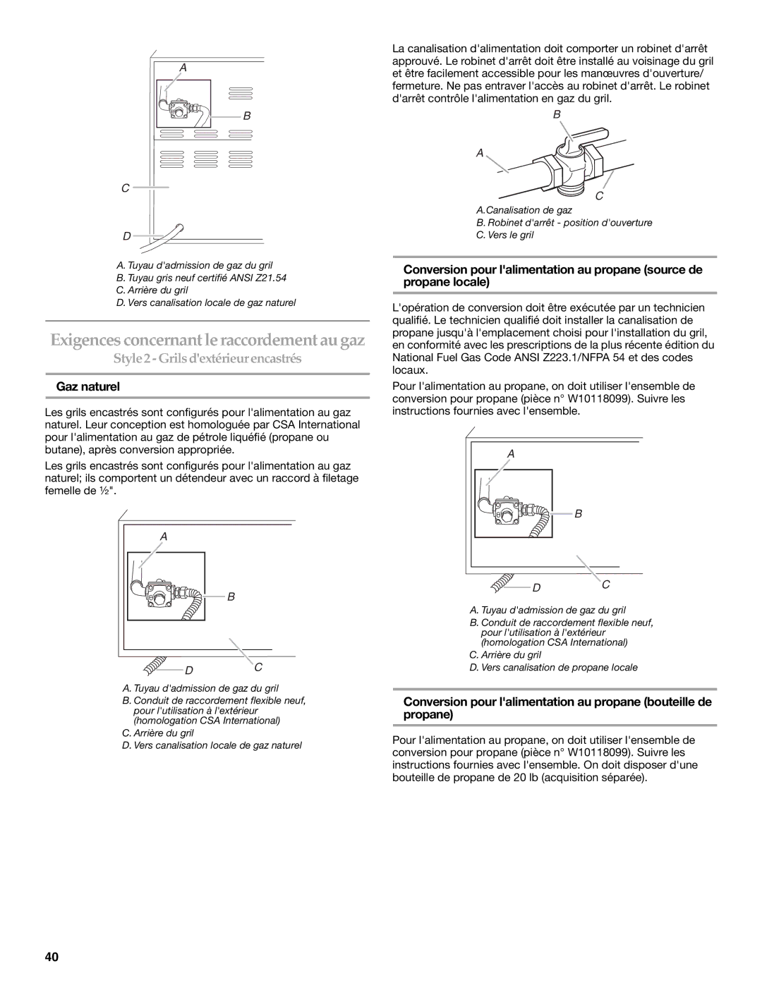 KitchenAid KFRU368T, KFRU488T, KBNU367T, KBNU487T installation instructions Gaz naturel 