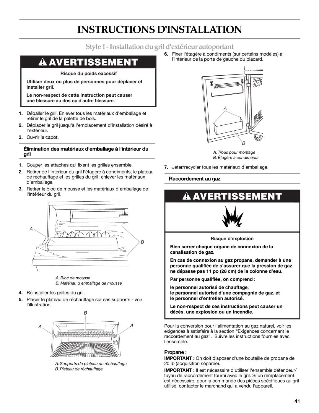 KitchenAid KFRU488T Instructions Dinstallation, Style 1 Installation du gril dextérieur autoportant, Raccordement au gaz 