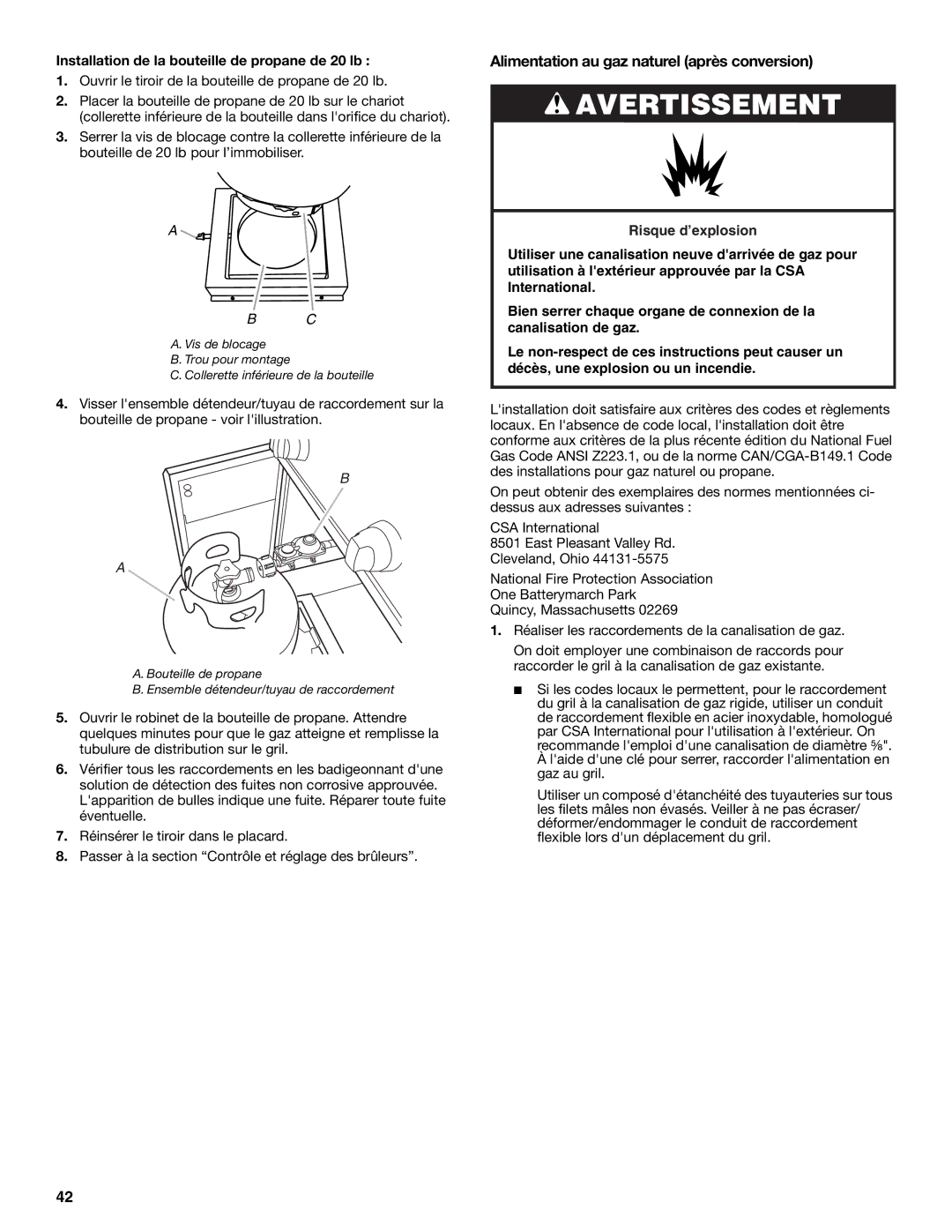 KitchenAid KBNU367T Alimentation au gaz naturel après conversion, Installation de la bouteille de propane de 20 lb 