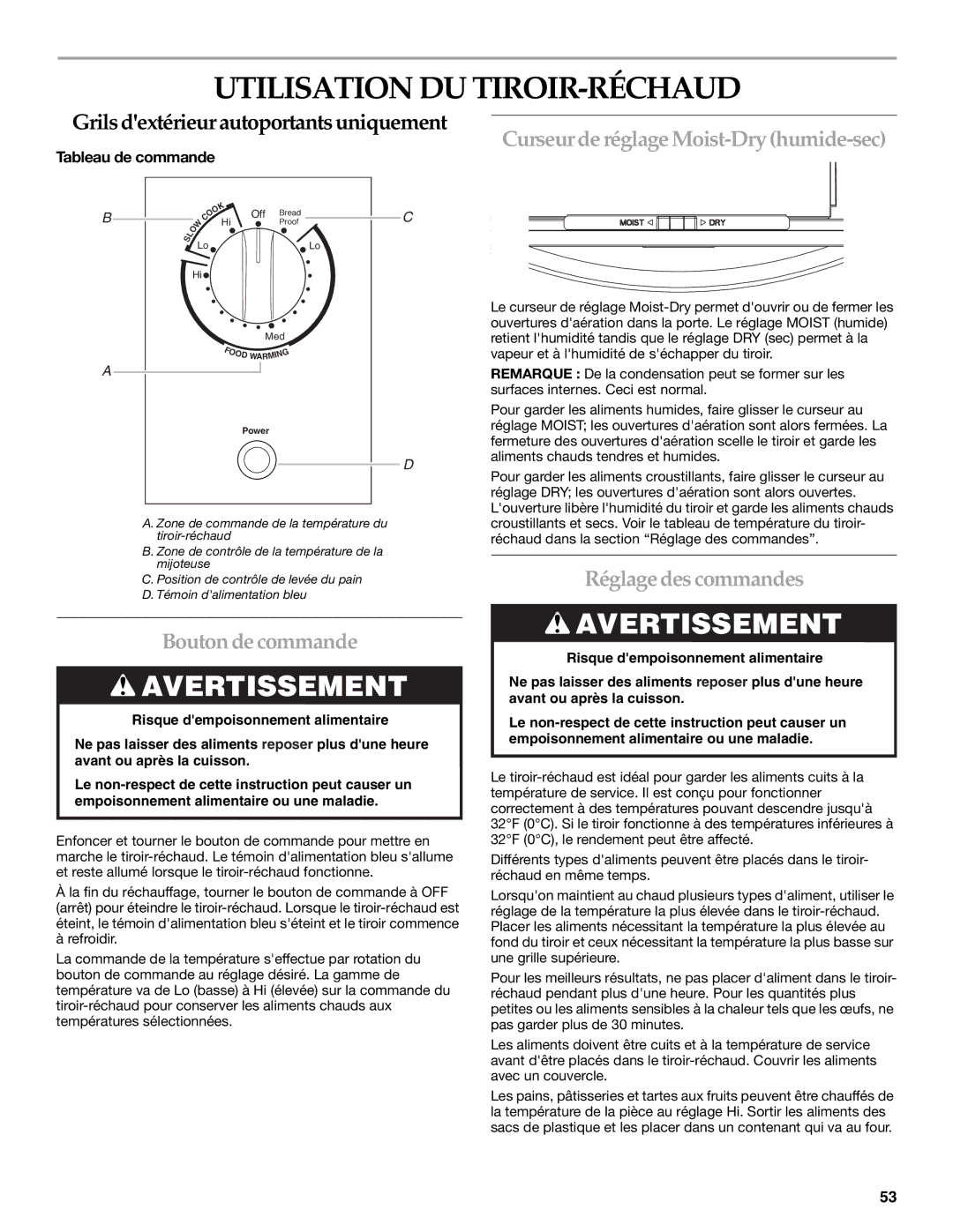 KitchenAid KFRU488T, KFRU368T Utilisation DU TIROIR-RÉCHAUD, Bouton de commande, Curseur de réglage Moist-Dry humide-sec 