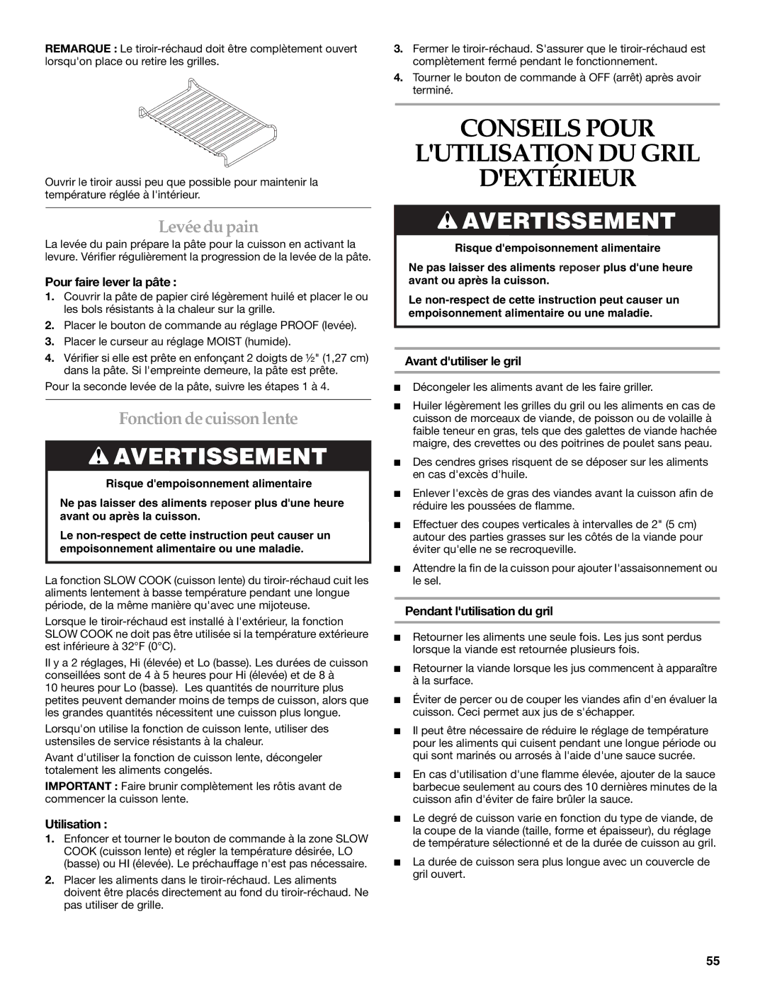 KitchenAid KBNU487T, KFRU368T Conseils Pour Lutilisation DU Gril Dextérieur, Levée du pain, Fonction de cuisson lente 