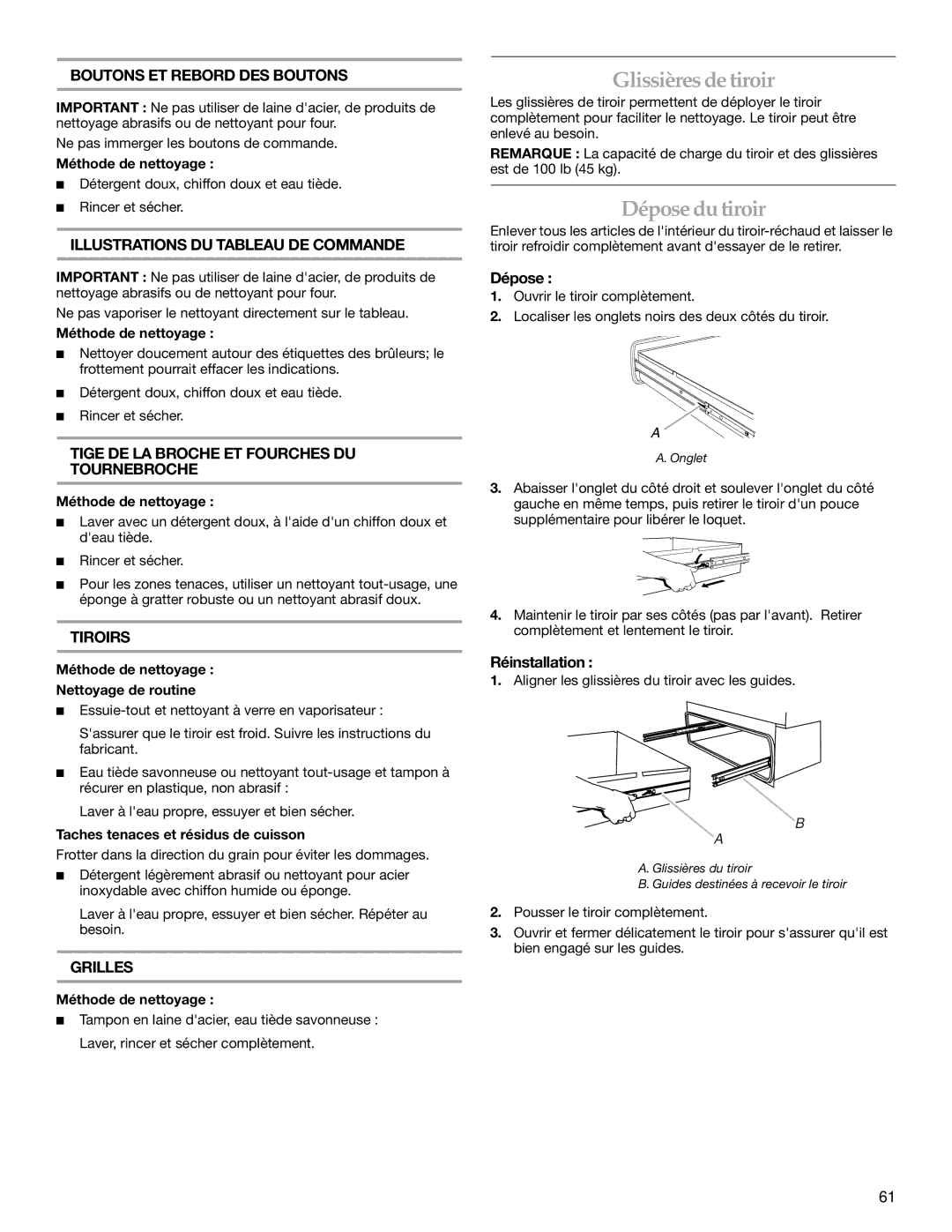 KitchenAid KFRU488T, KFRU368T, KBNU367T, KBNU487T installation instructions Glissières de tiroir, Dépose du tiroir 