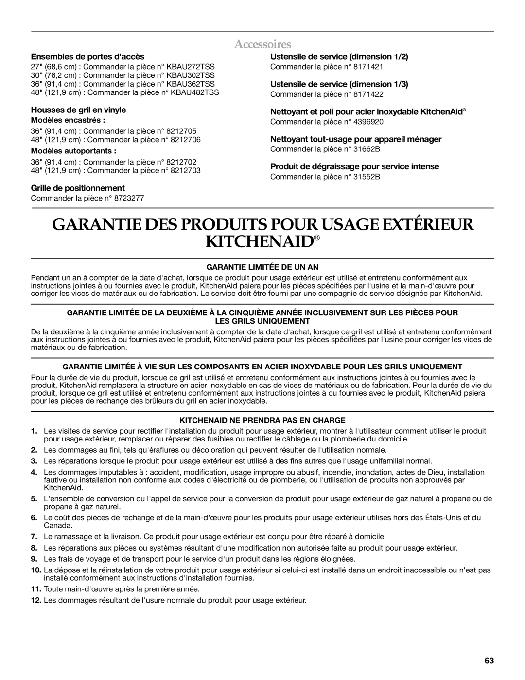 KitchenAid KBNU487T, KFRU368T, KFRU488T, KBNU367T Garantie DES Produits Pour Usage Extérieur Kitchenaid, Accessoires 