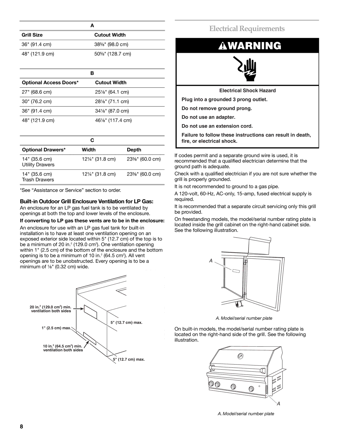 KitchenAid KFRU368T, KFRU488T, KBNU367T Electrical Requirements, Built-in Outdoor Grill Enclosure Ventilation for LP Gas 