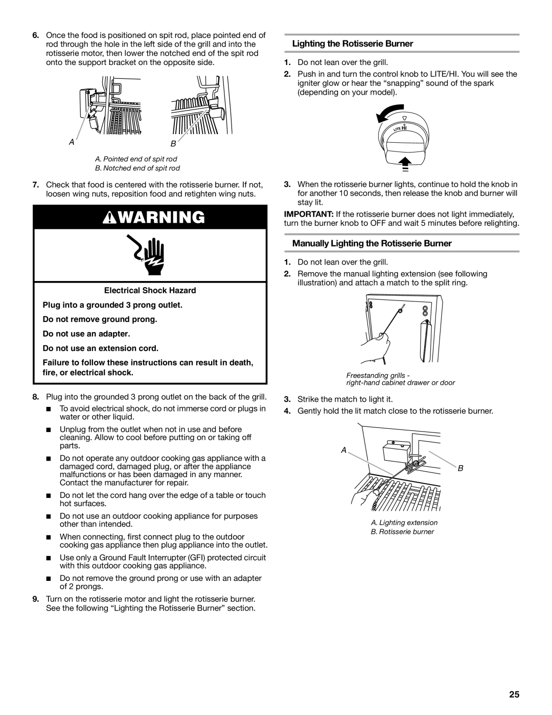 KitchenAid KFRU361VSS, KFRU368VSS, KFRU488TSS, KFRU488VSS, KFRS271TSS, KFRU368TSS Manually Lighting the Rotisserie Burner 