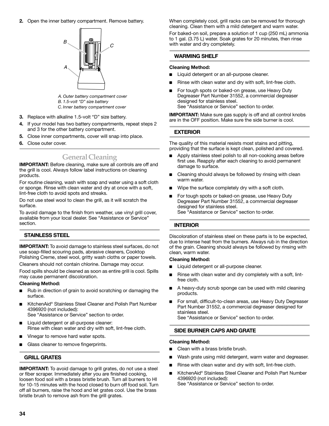 KitchenAid KFRU368TSS, KFRU368VSS, KFRU488TSS, KFRU488VSS, KFRS271TSS, KFRU361VSS, KFRU271VSS GeneralCleaning, Cleaning Method 