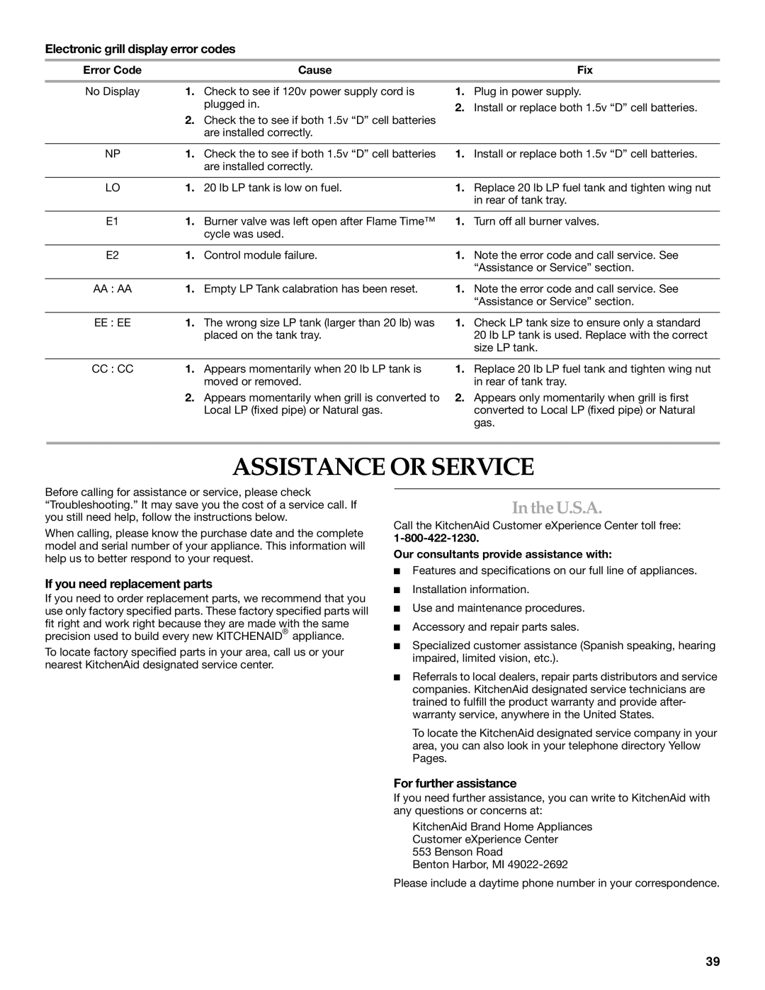 KitchenAid KFRS365TSS Assistance or Service, TheU.S.A, Electronic grill display error codes, If you need replacement parts 